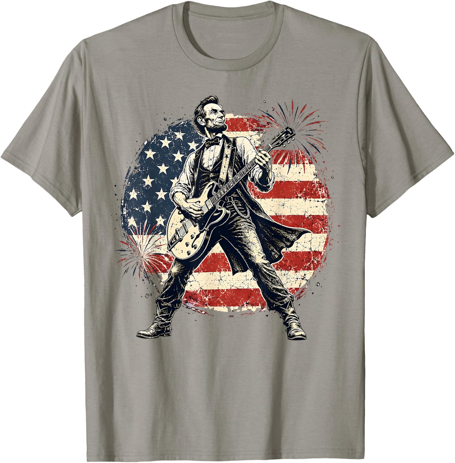 Lincoln Guitar 4th of July Fireworks 250th Anniversary USA T-Shirt - T-Shirt | Sand