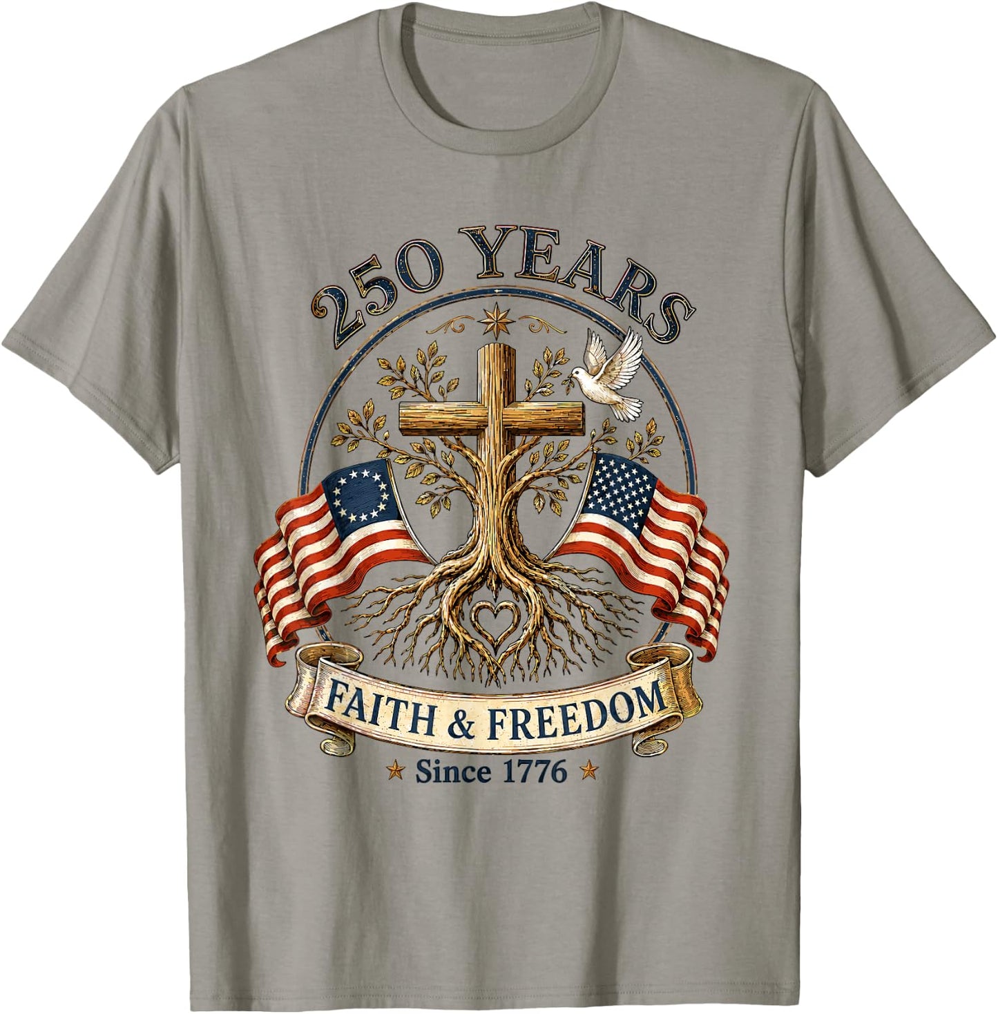 Two Flags Cross Tree 250 Years Faith and Freedom 1776-2026 T-Shirt - T-Shirt | Sand