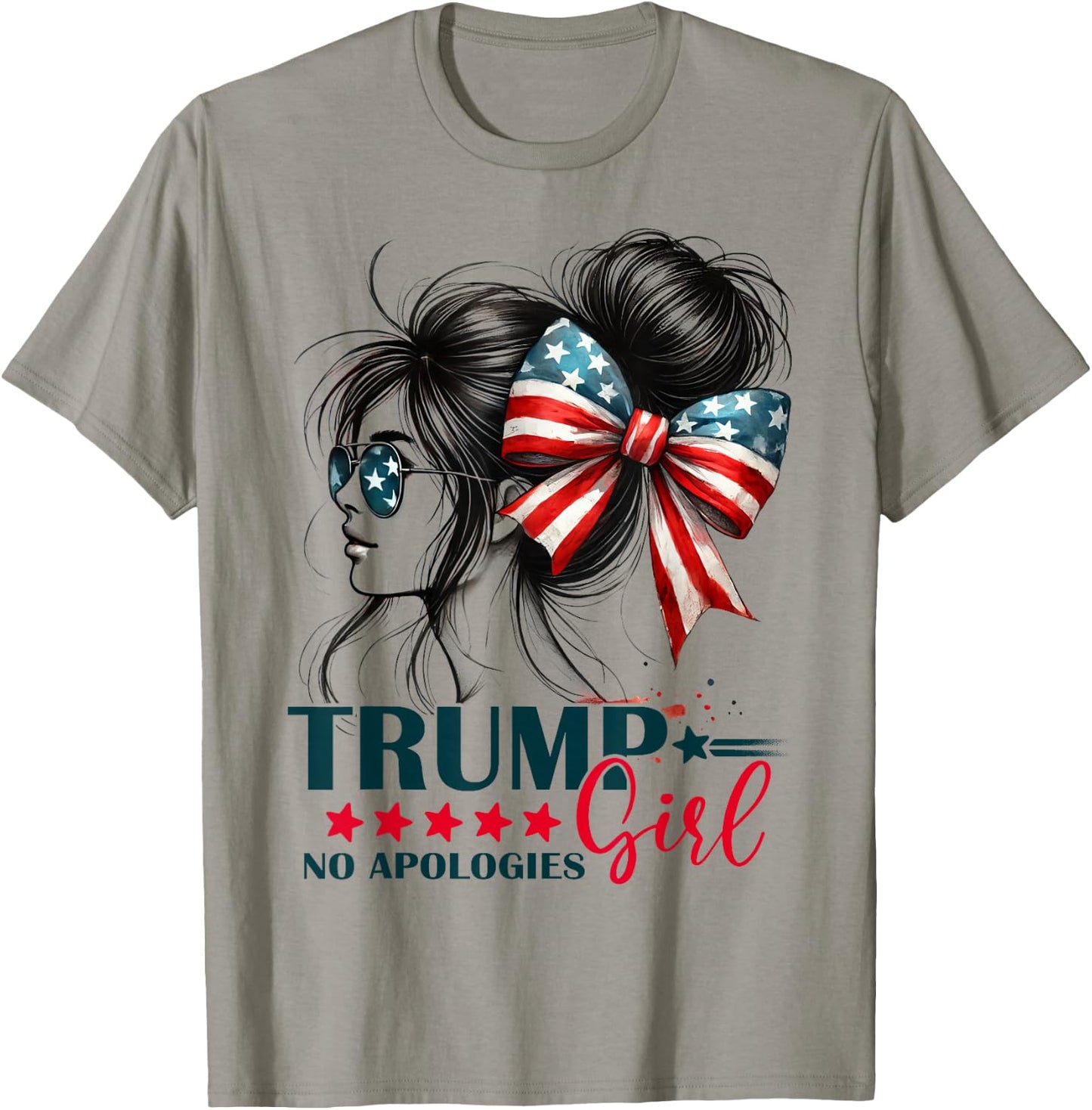 Trump Girl Messy Bun No Apologies USA Flag Trump 2024 T-Shirt - T-Shirt | Sand