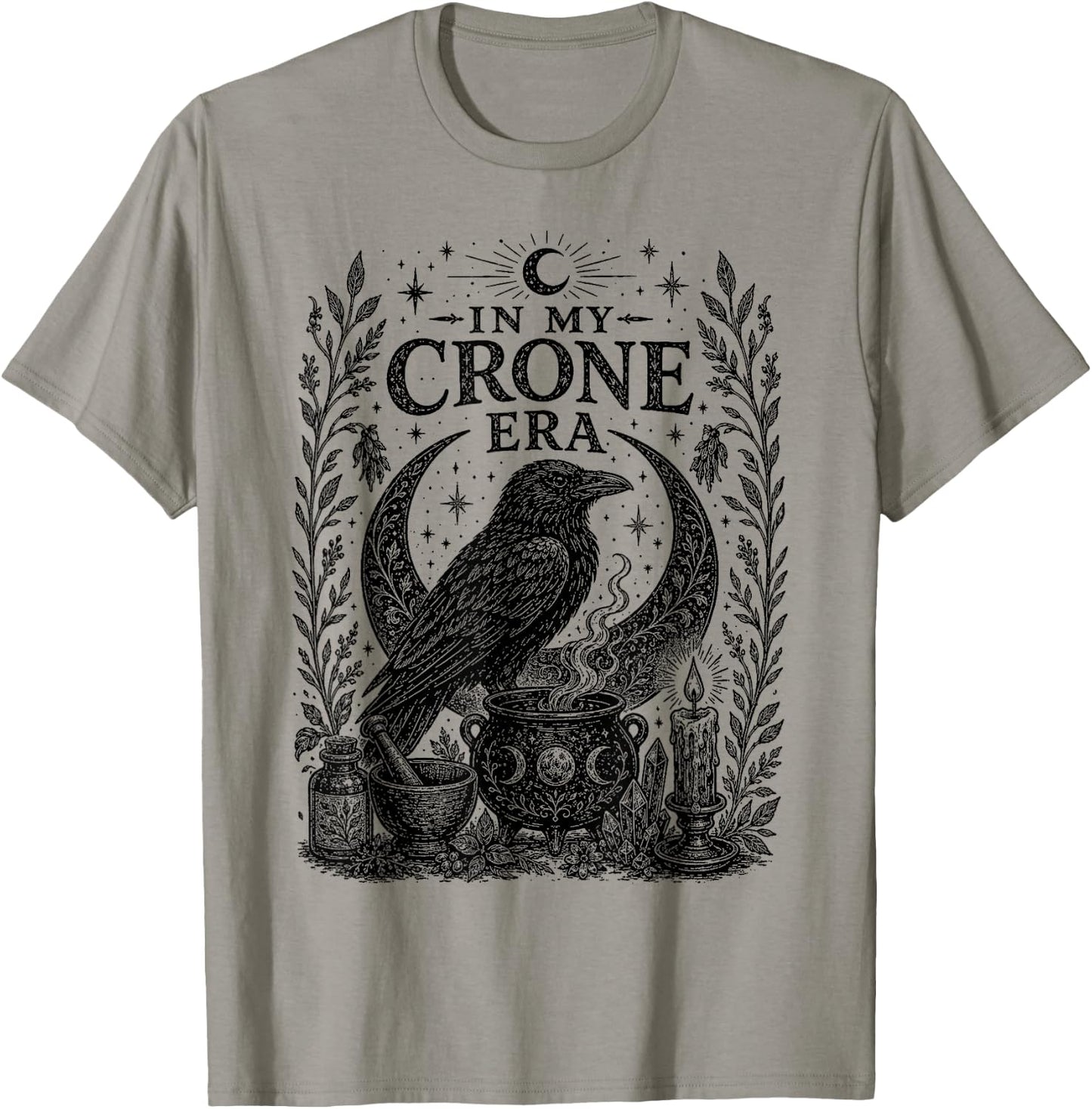 in My Crone Era Gothic Raven Cauldron Funny Crow T-Shirt - T-Shirt | Sand