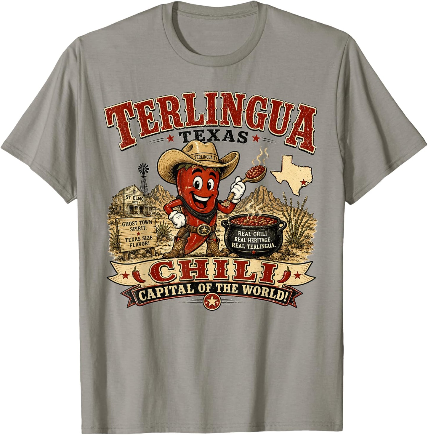 Terlingua Texas Chili Capital - Vintage Chili Pepper Mascot T-Shirt - T-Shirt | Sand