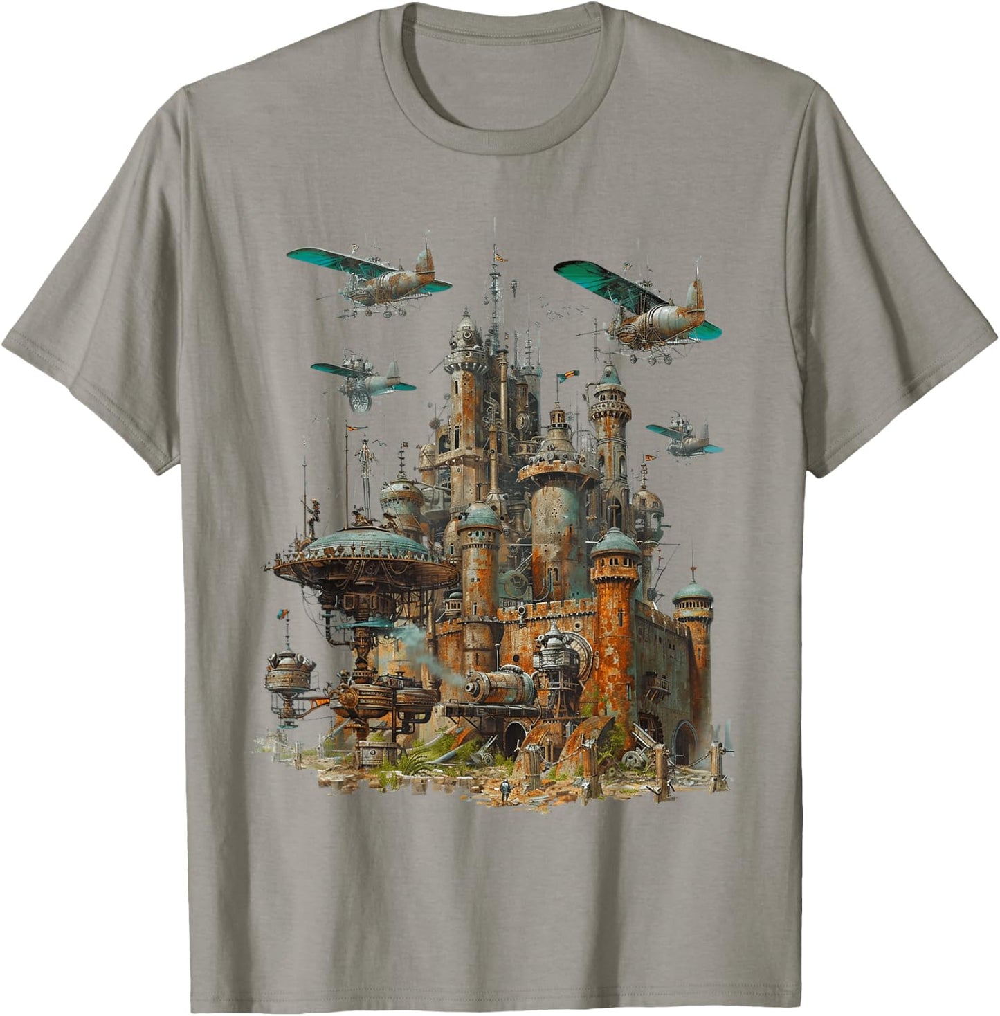 Steampunk Castle With Planes Vintage , white, S T-Shirt - T-Shirt | Sand