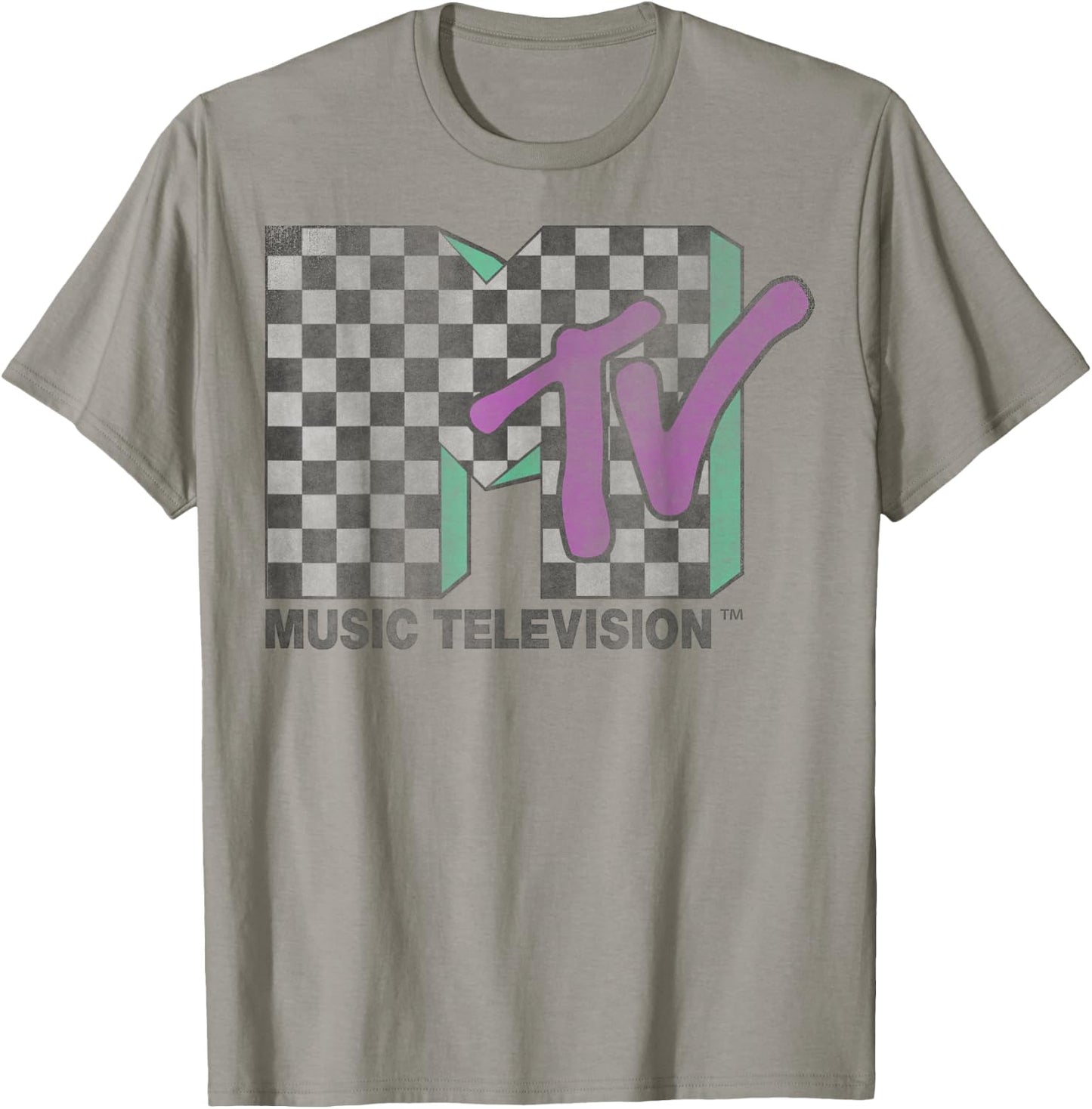 MTV Checkered Distressed Retro Logo Short Sleeve T-Shirt - T-Shirt | Sand