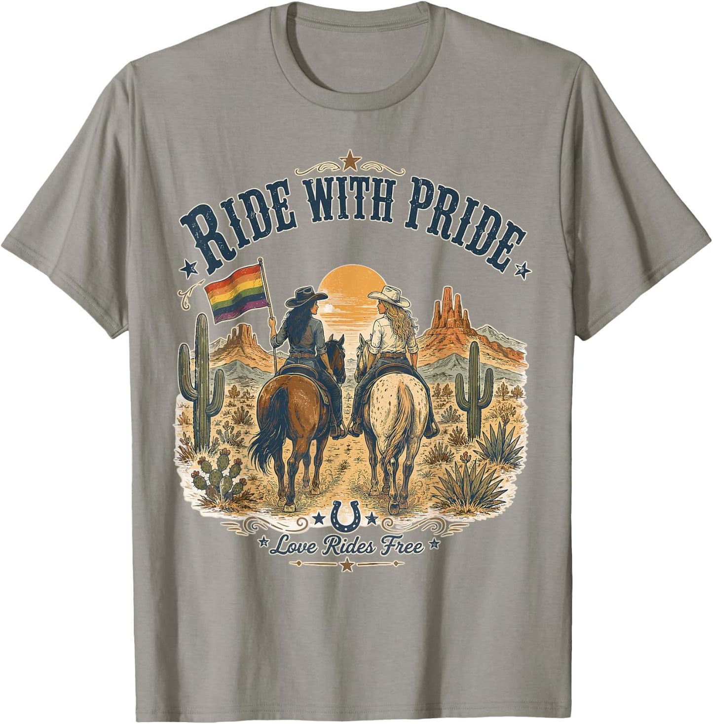 Funny Ride with Pride Lesbian Pride Western LGBTQ Cowgirl T-Shirt - T-Shirt | Sand