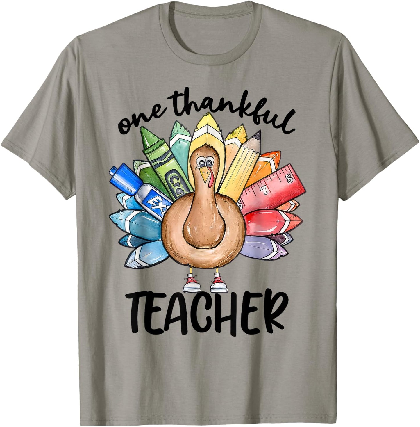 One Thankful Teacher Turkey Pencil Thanksgiving Teachers T-Shirt - T-Shirt | Sand