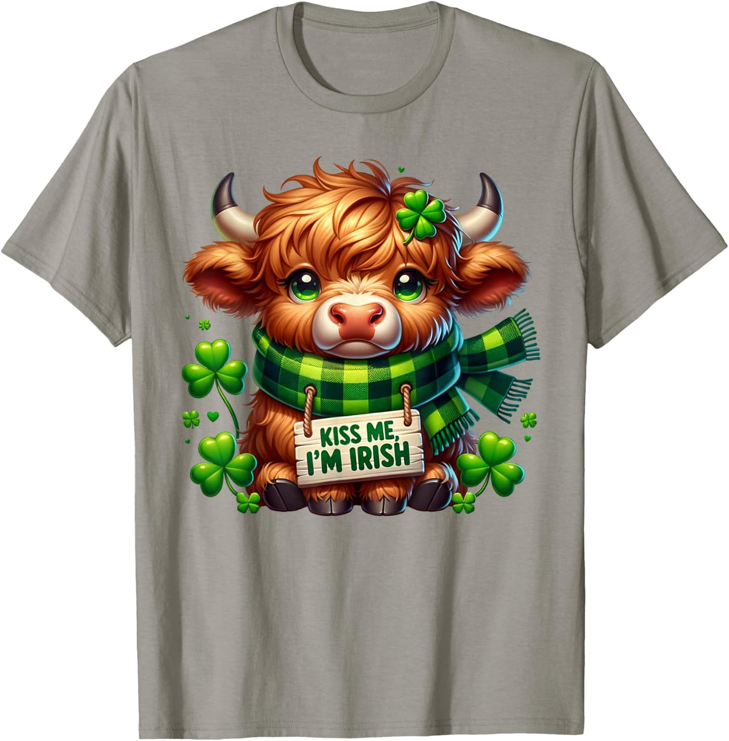 Kiss Me I'm Irish Cute Little Highland Cow Four Leaf Clovers T-Shirt - T-Shirt | Sand