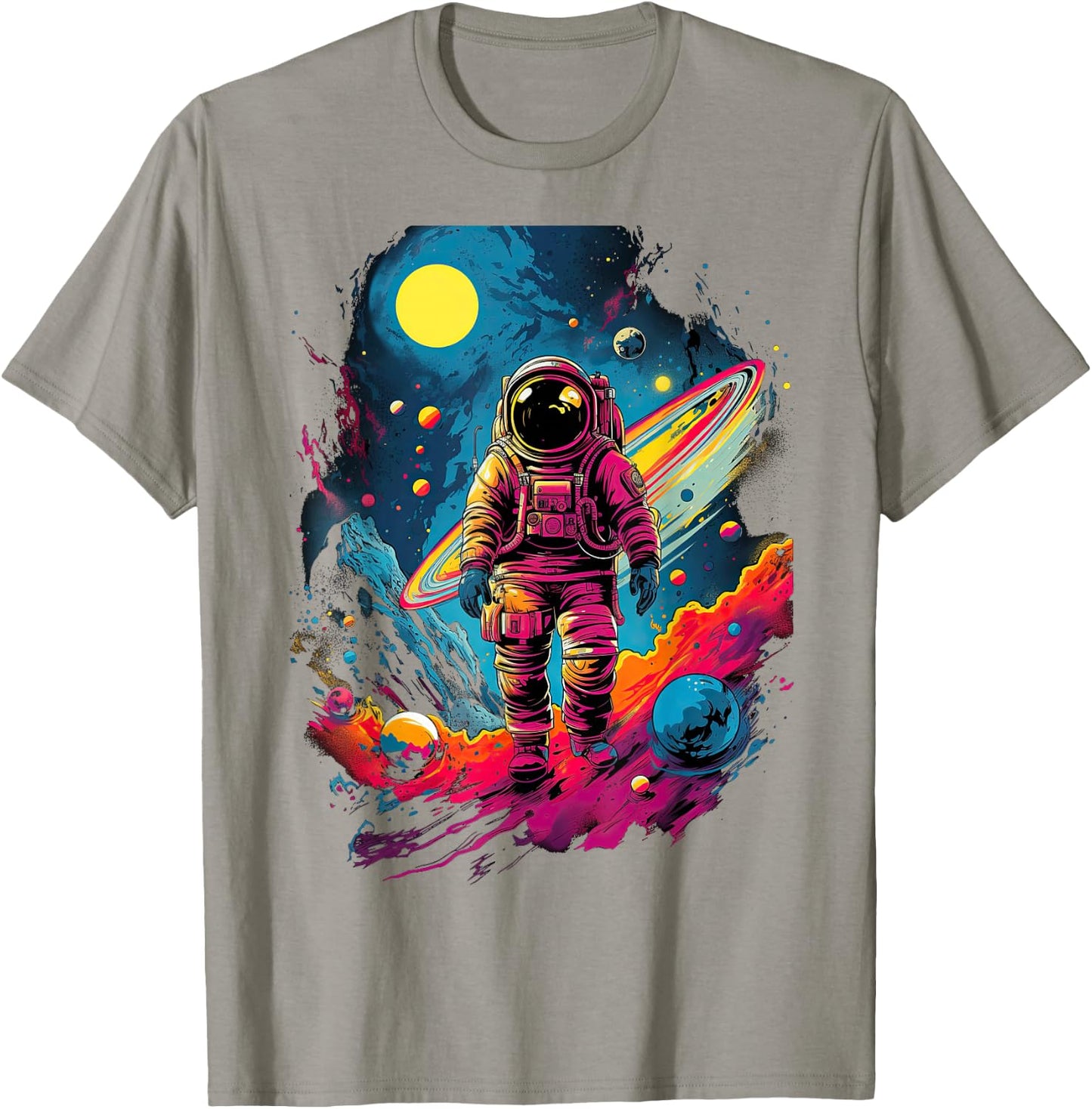 Astronaut in Space with Planets and Galaxy , White T-Shirt - T-Shirt | Sand
