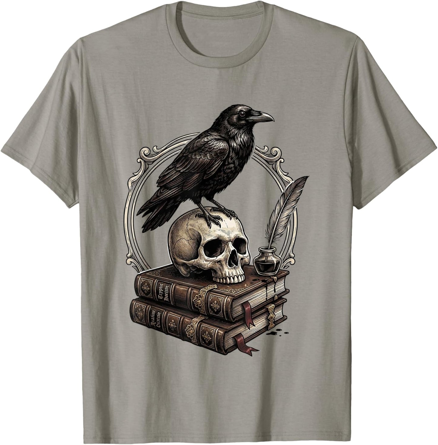 Dark Academia Raven Skull Books T-Shirt - T-Shirt | Sand