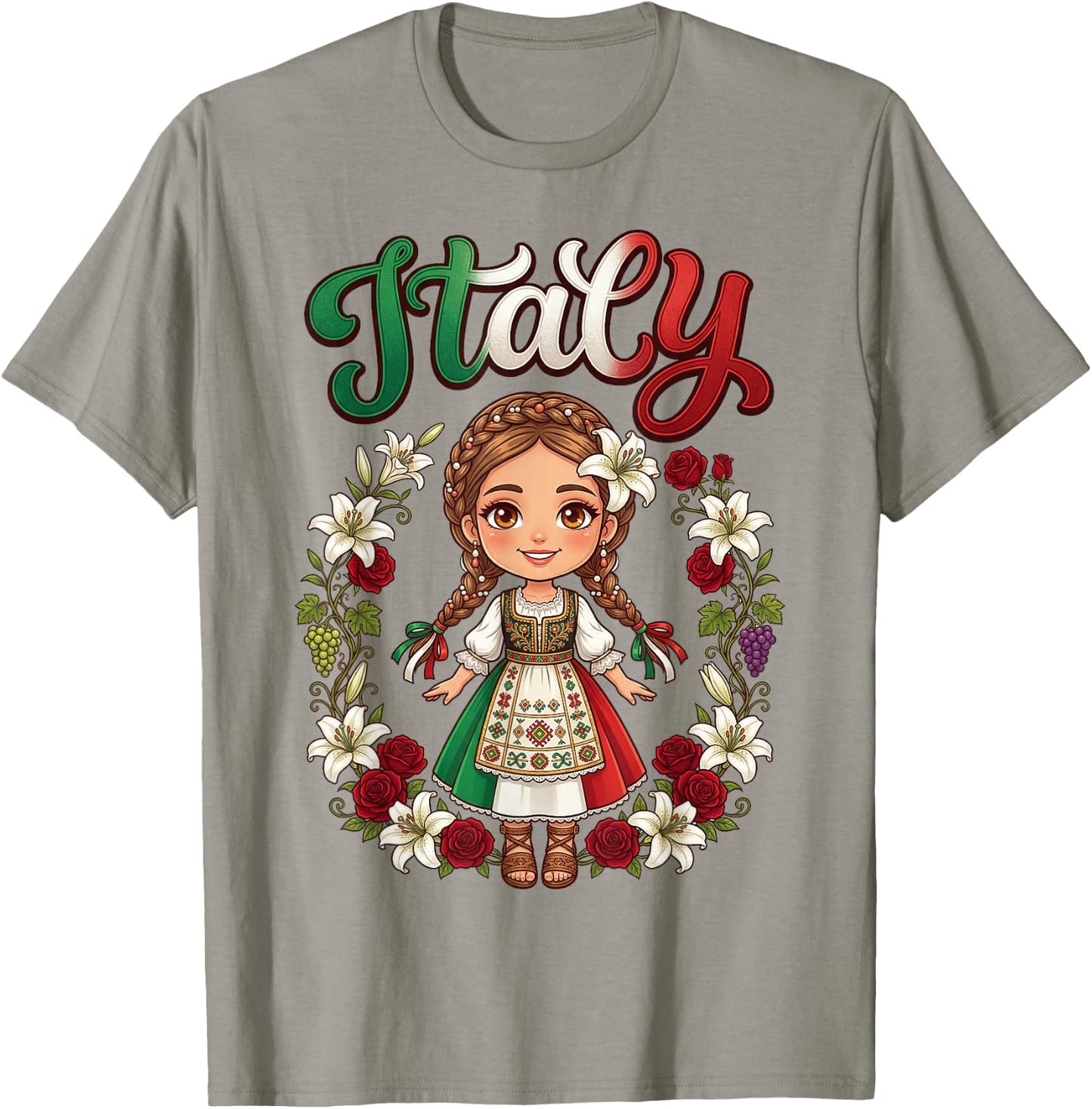 Cute Italy Girl Traditional Dress with Flowers for Kids T-Shirt - T-Shirt | Sand