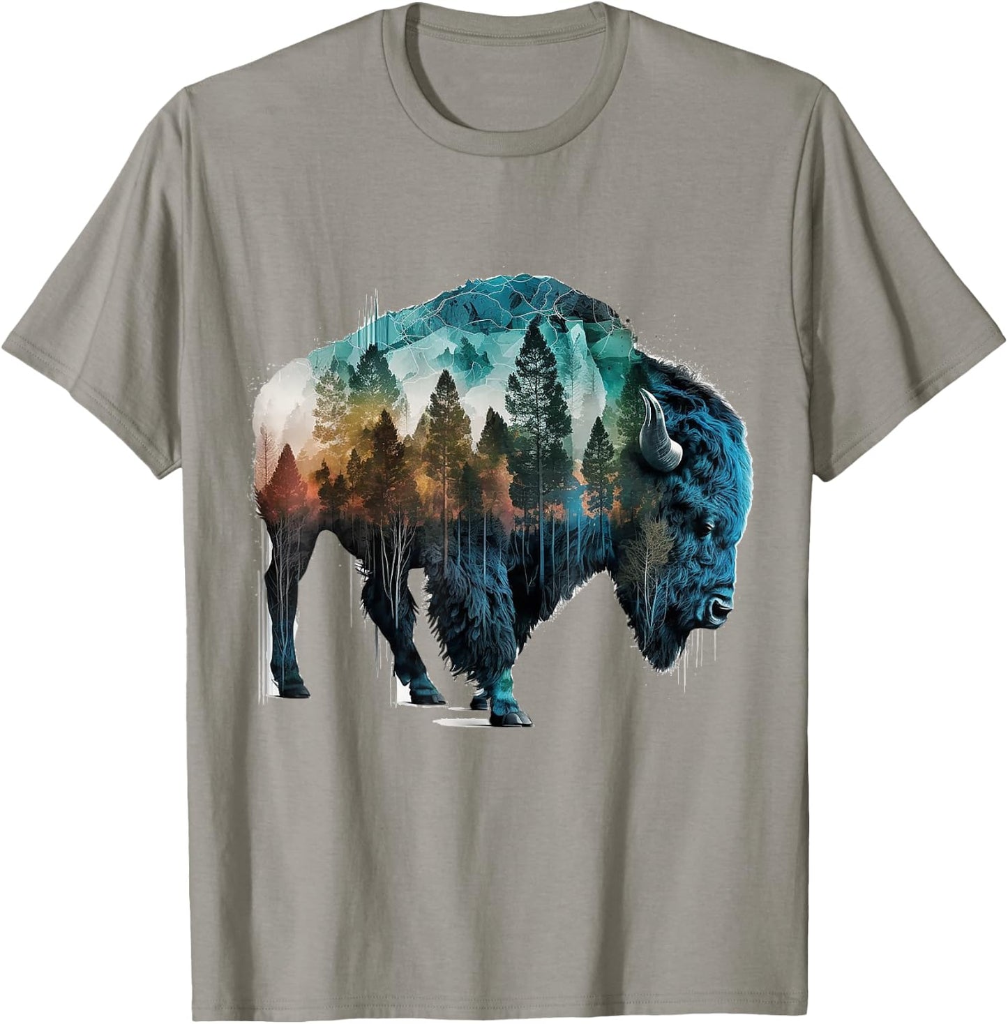Bison Art Wild Animals Forest Mountains Nature Animal Motif Bison T-Shirt - T-Shirt | Sand