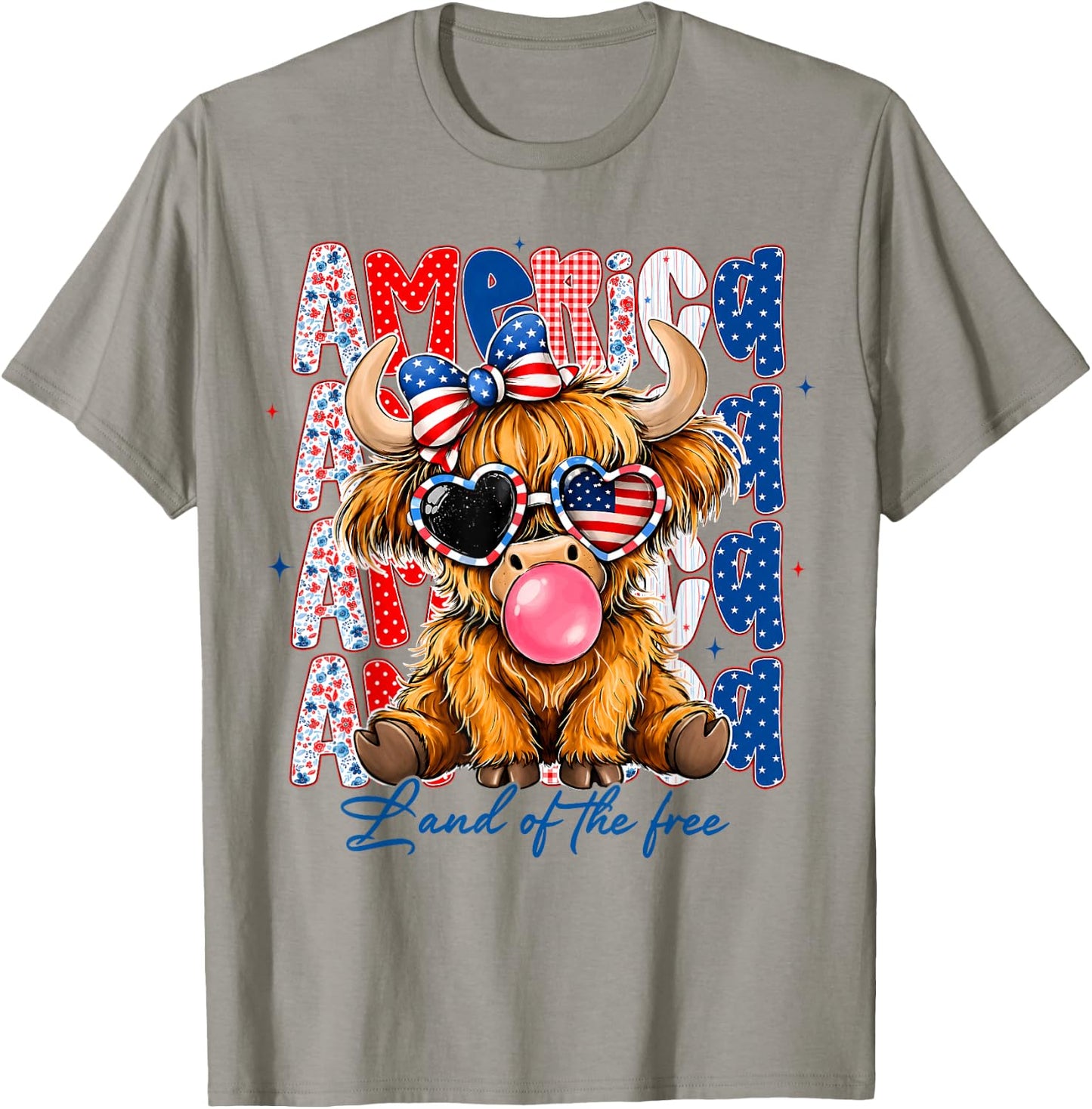 America 1776-2026 Land of The Free Highland Cow 4th of July T-Shirt - T-Shirt | Sand