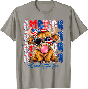 America 1776-2026 Land of The Free Highland Cow 4th of July T-Shirt - T-Shirt | Sand