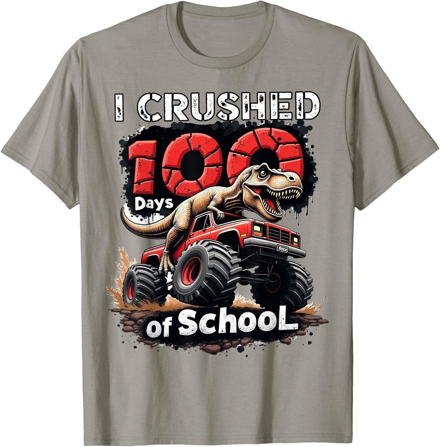 I Crushed 100 Days of School Dinosaur Monster Truck Boy T-Shirt - T-Shirt | Sand