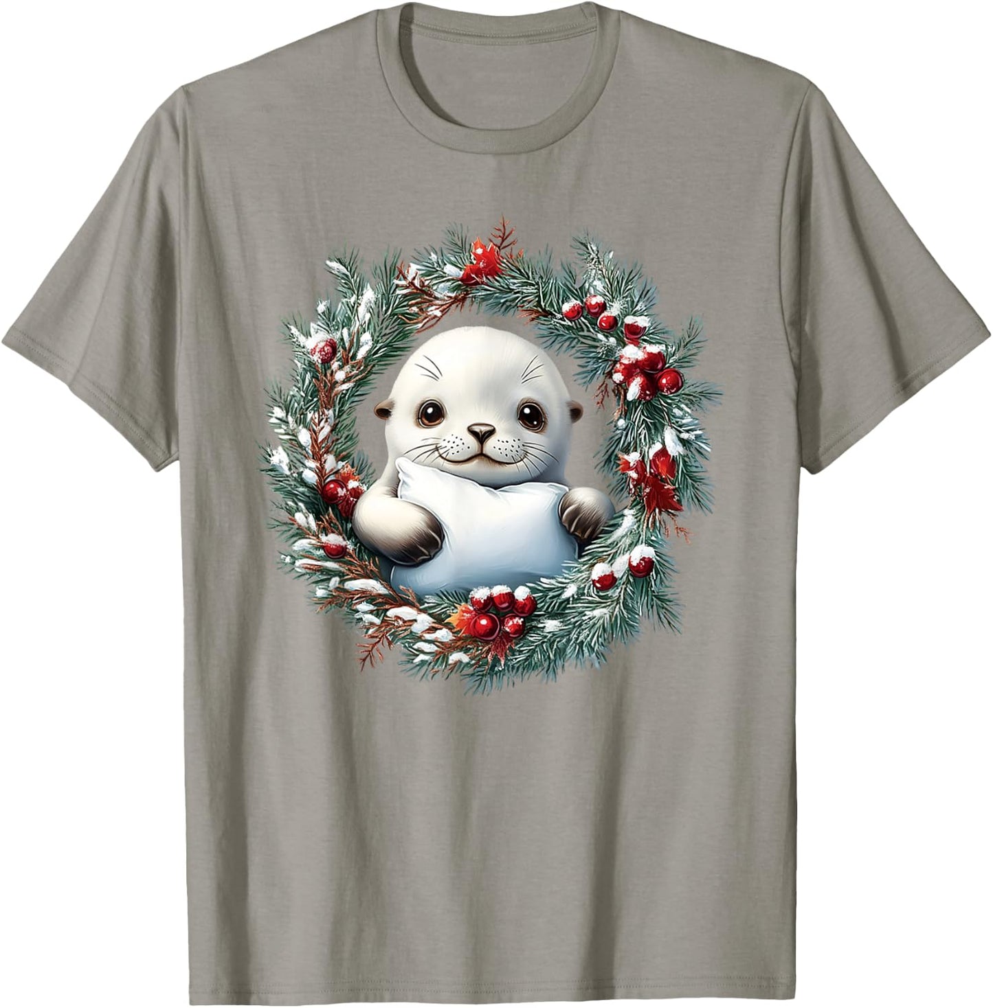 A Happy Baby Harp Seal In A Christmas Wreath With A Red Bow T-Shirt - T-Shirt | Sand