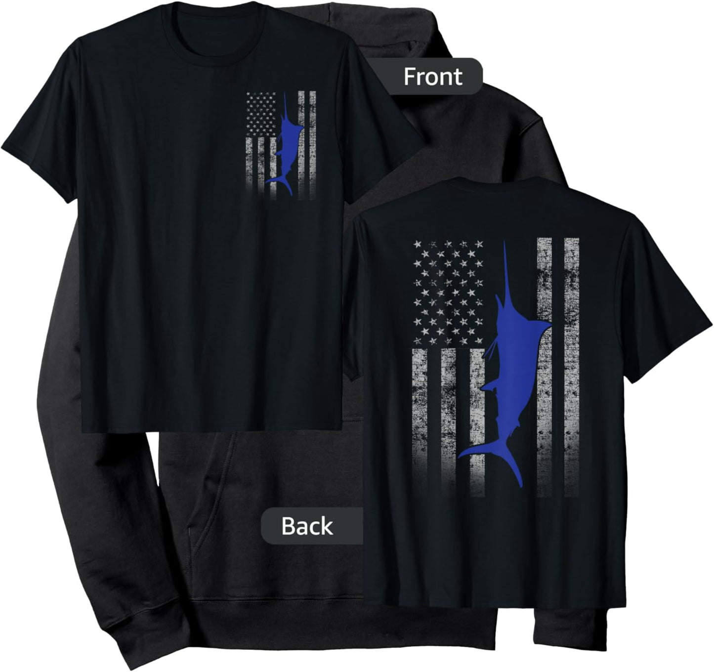Two-Sided Marlin Flag Shirt - Blue Marlin on US Flag Hoodie - Hoodie | Black