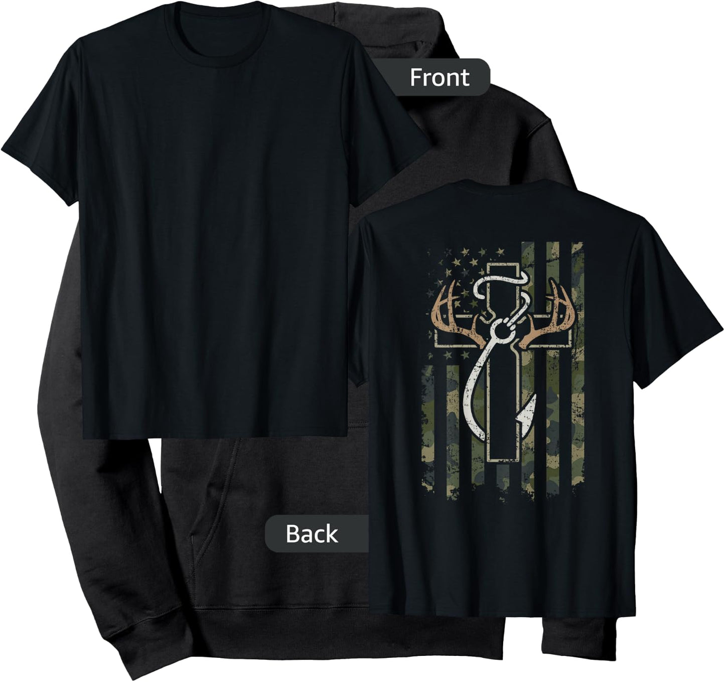 Hunting Fishing Faith - Hunter Fisherman Camo USA - ON Back Hoodie - Hoodie | Black