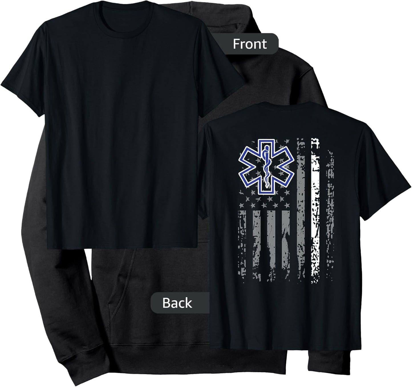Thin White Line EMS EMT Paramedic American Flag Back Print Hoodie - Hoodie | Black