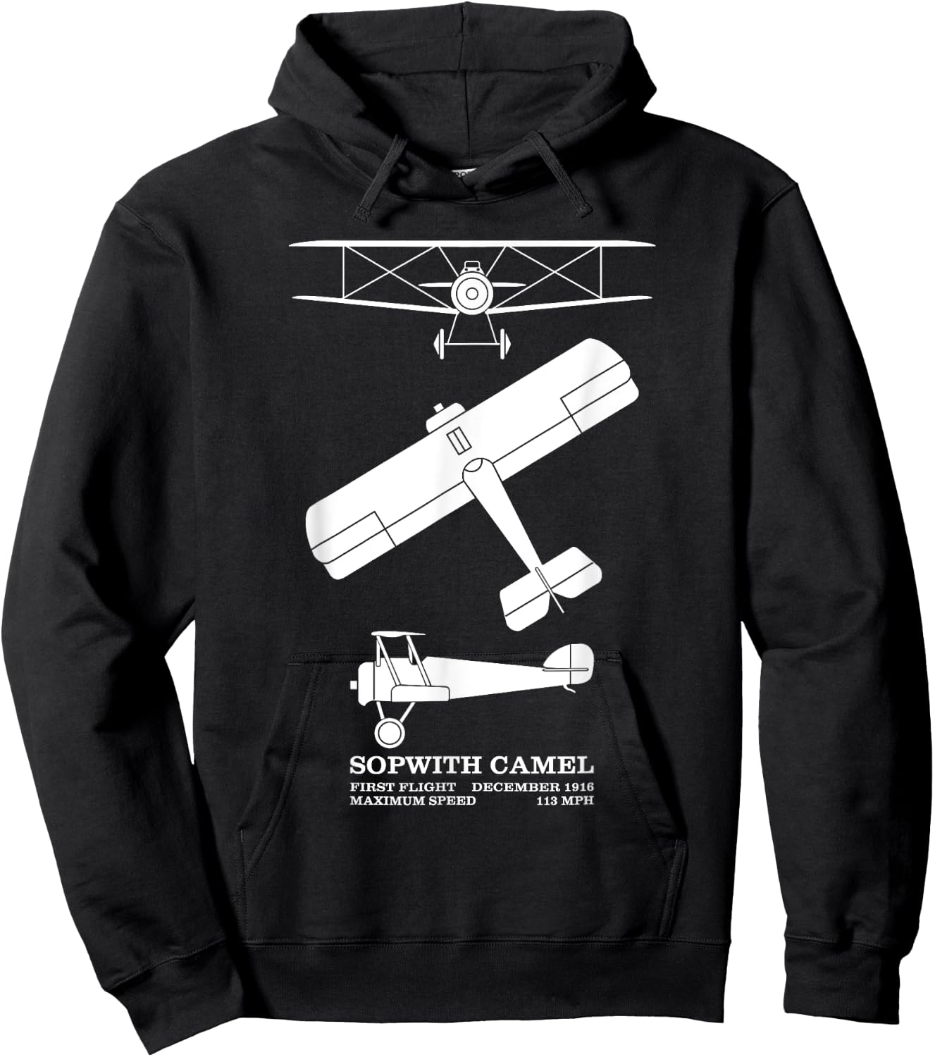 Sopwith Camel British WW1 Biplane Silhouette Diagrams Hoodie - Hoodie | Black