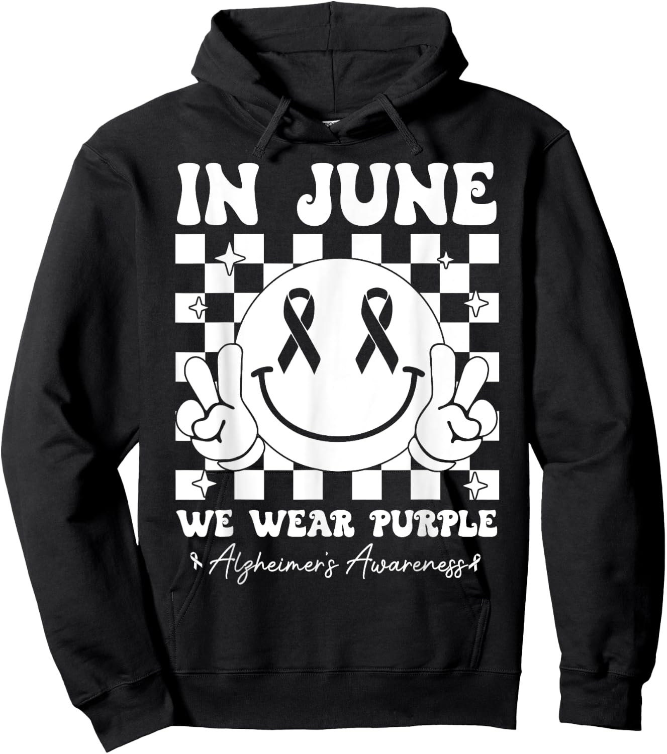 In June We Wear Purple Alzheimer's Awareness Groovy Smile Hoodie - Hoodie | Black