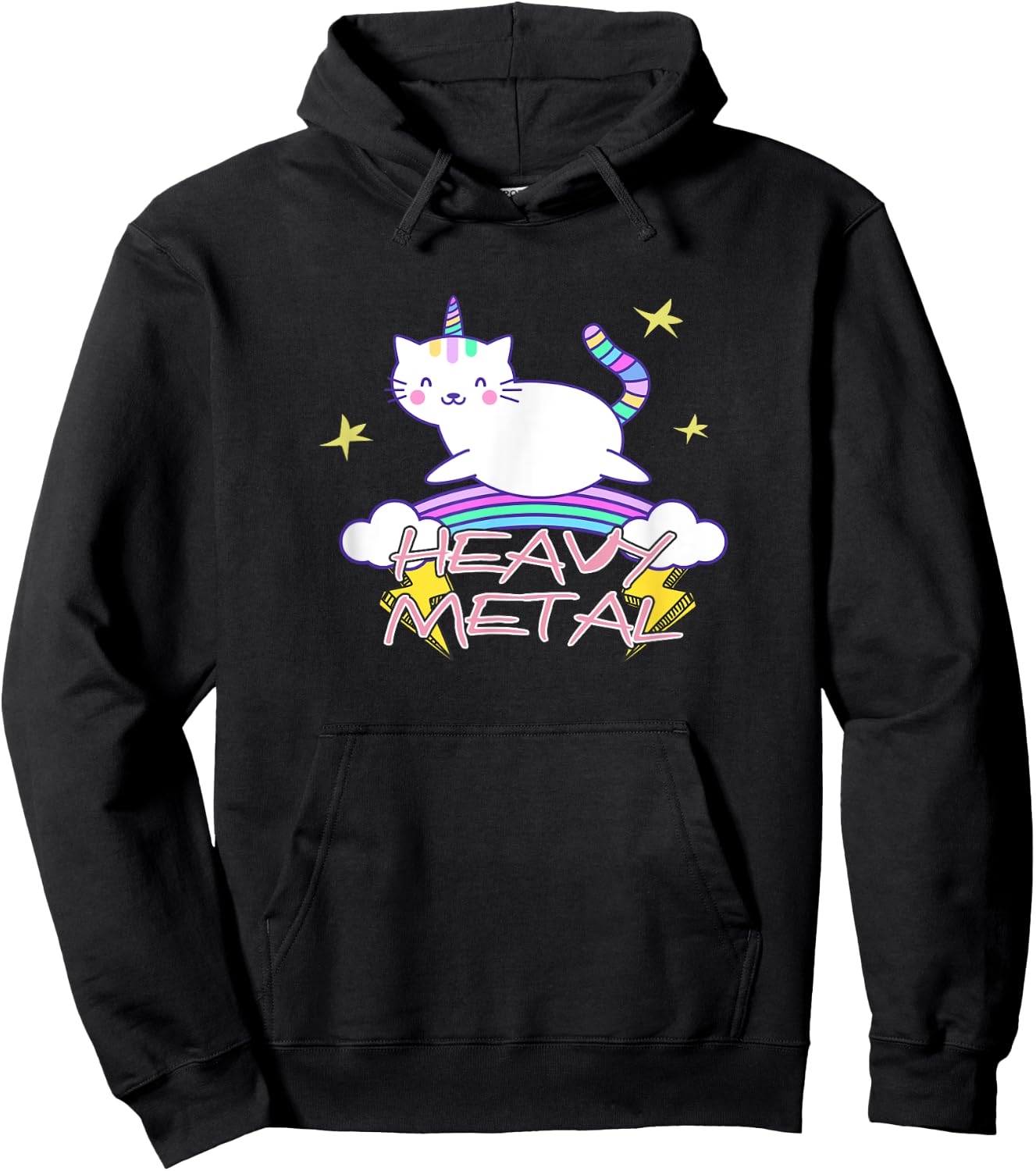 Heavy Metal Kawaii Unicorn Cat and Rainbow Hoodie - Hoodie | Black