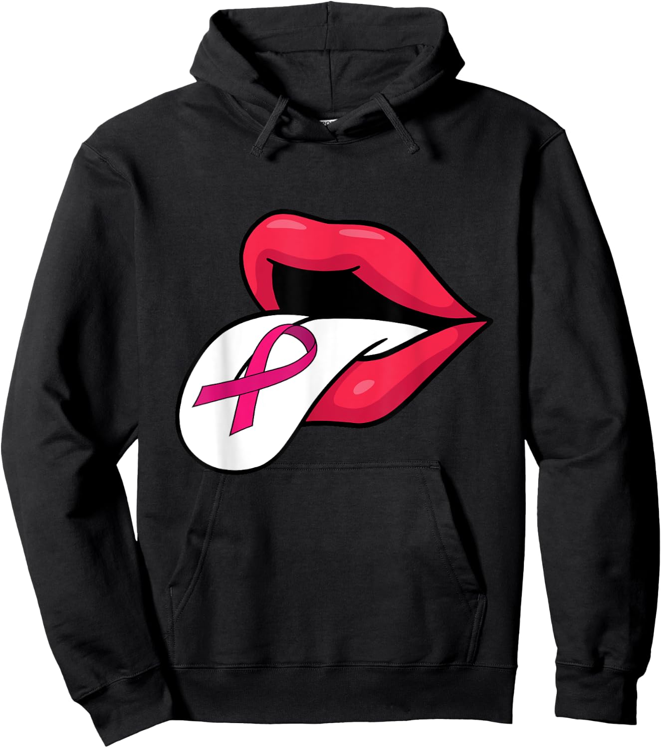 Pink Ribbon Tongue Out Breast Cancer Awareness Funny Lips Hoodie - Hoodie | Black