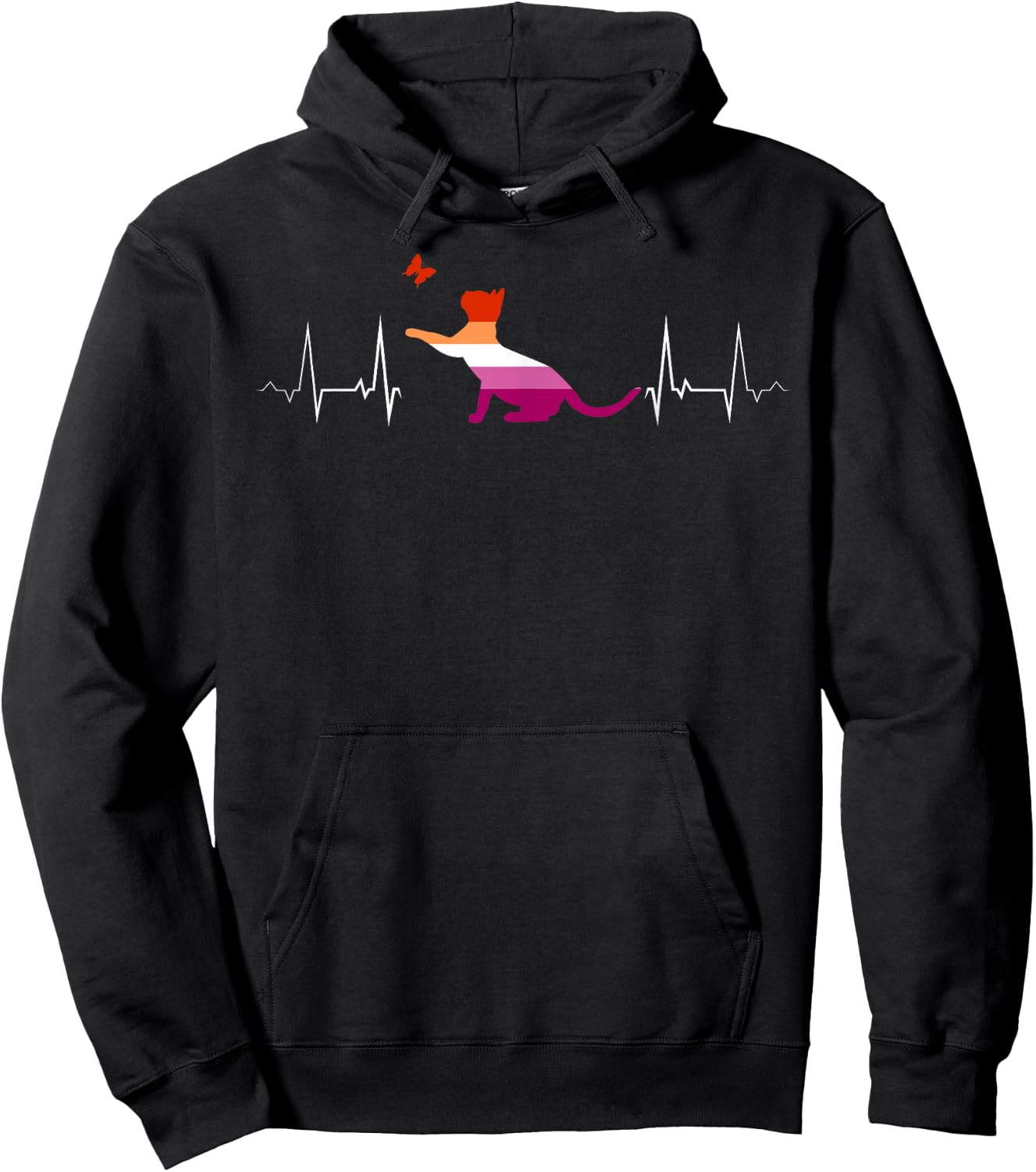 Lesbian Heartbeat Playful Cat Butterfly Pride Hoodie - Hoodie | Black