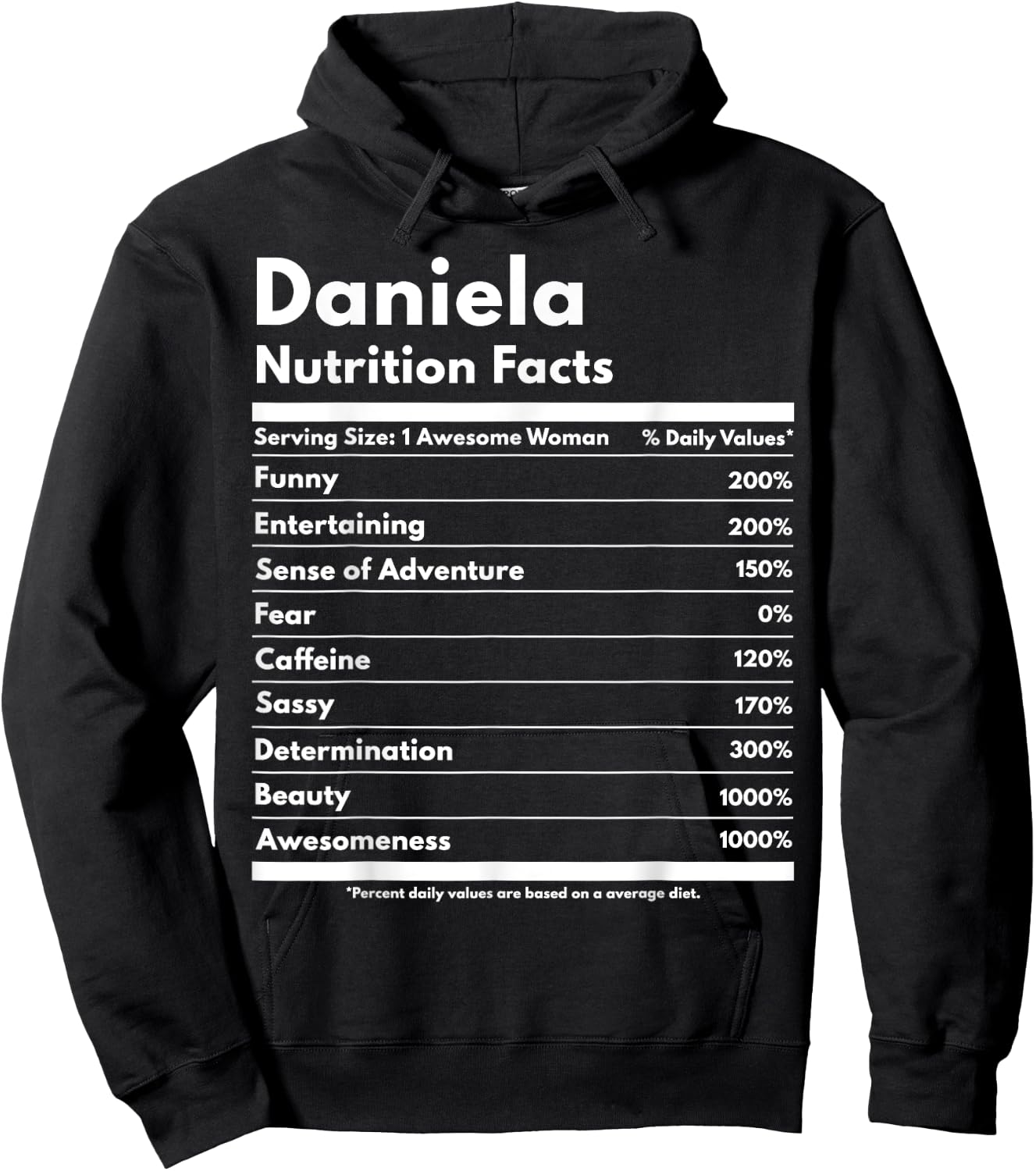 That's My Name Co. Daniela Daniela Nutrition Facts Funny Personalized Name Daniela Black Cotton Polyester Modern Letter Print Short Sleeve Classic Fit Pull On Hoodie - Hoodie | Black