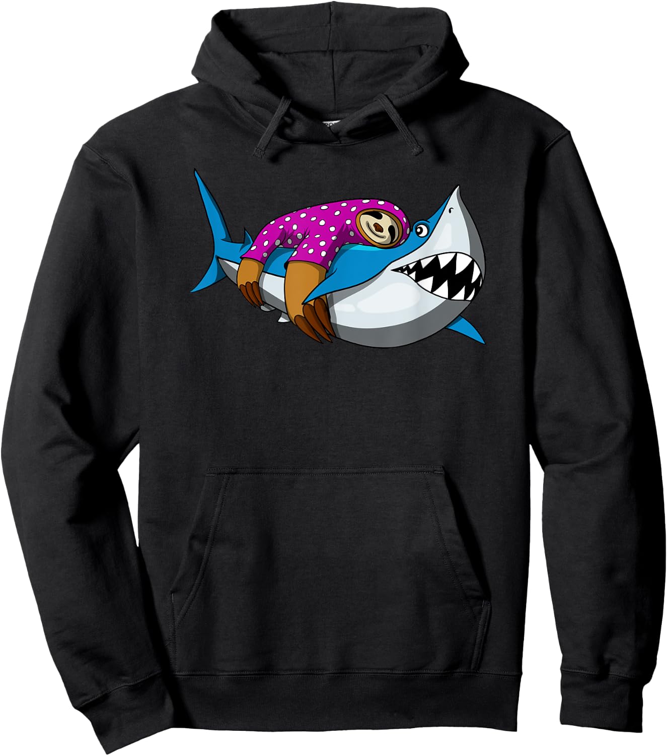 Lazy Sloth With Pajama Riding Ocean Shark Hoodie - Hoodie | Black