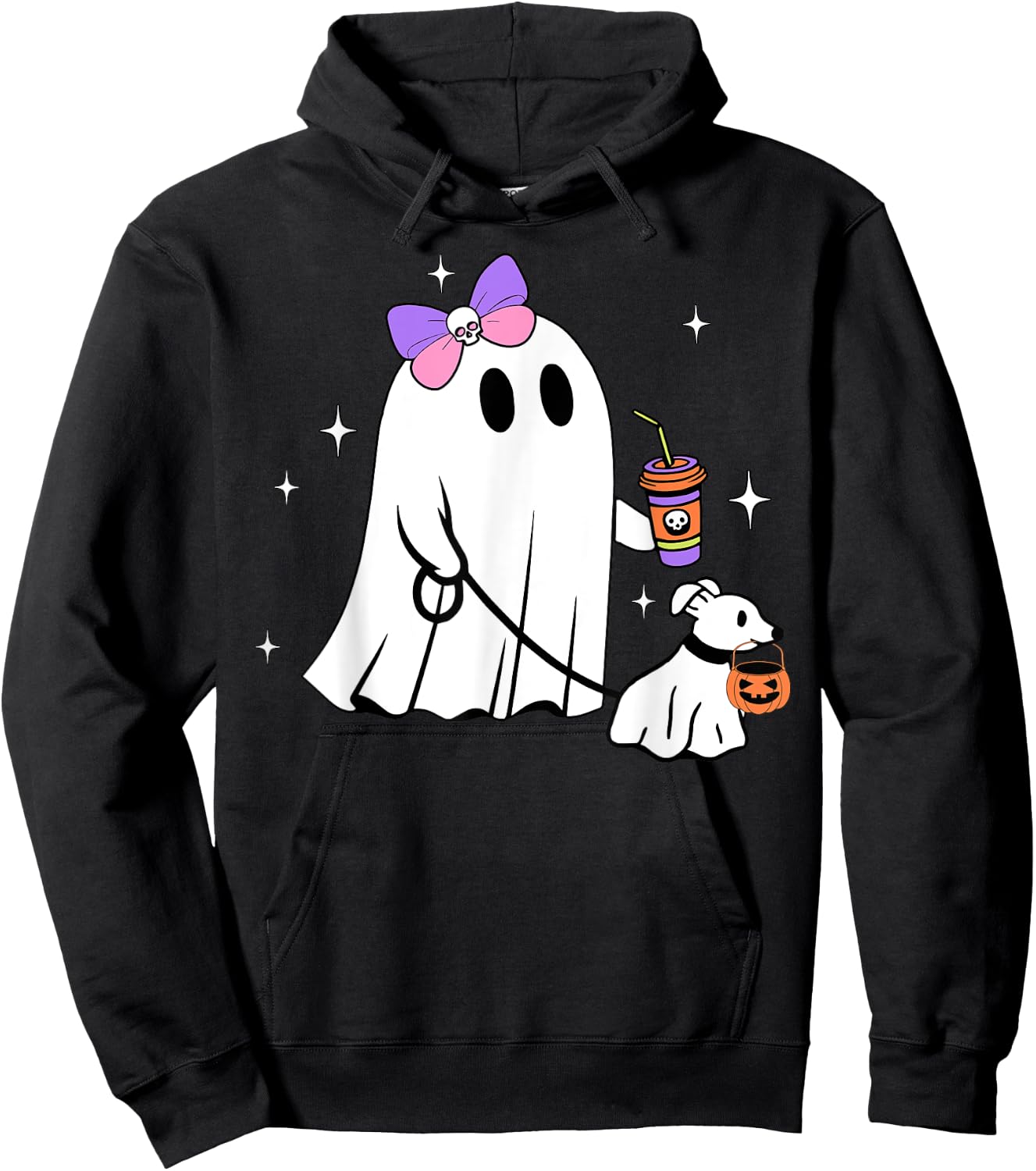 Halloween Cute Ghost Walking Dog Spooky Coquette Ghost Women Hoodie - Hoodie | Black