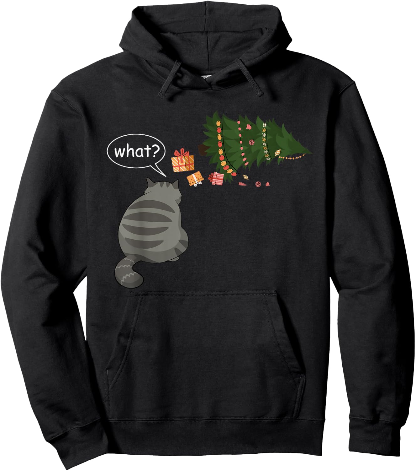 Funny Gray Cat Pushing Christmas Tree Over Cat What? Hoodie - Hoodie | Black