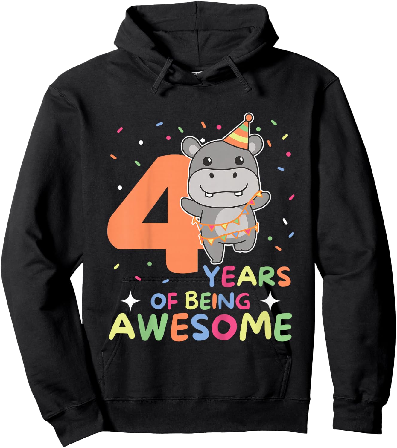 Kids Hippo 4th Birthday For Kids Four Years Old Hoodie - Hoodie | Black