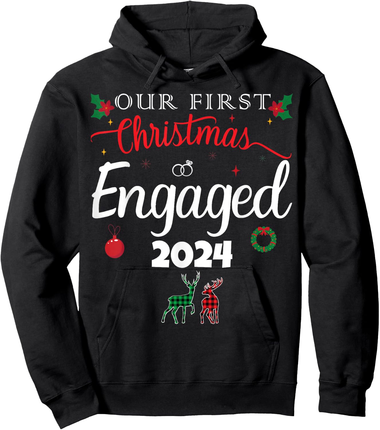 Our First Christmas Engaged 2024 Pajamas Couples Matching Hoodie - Hoodie | Black