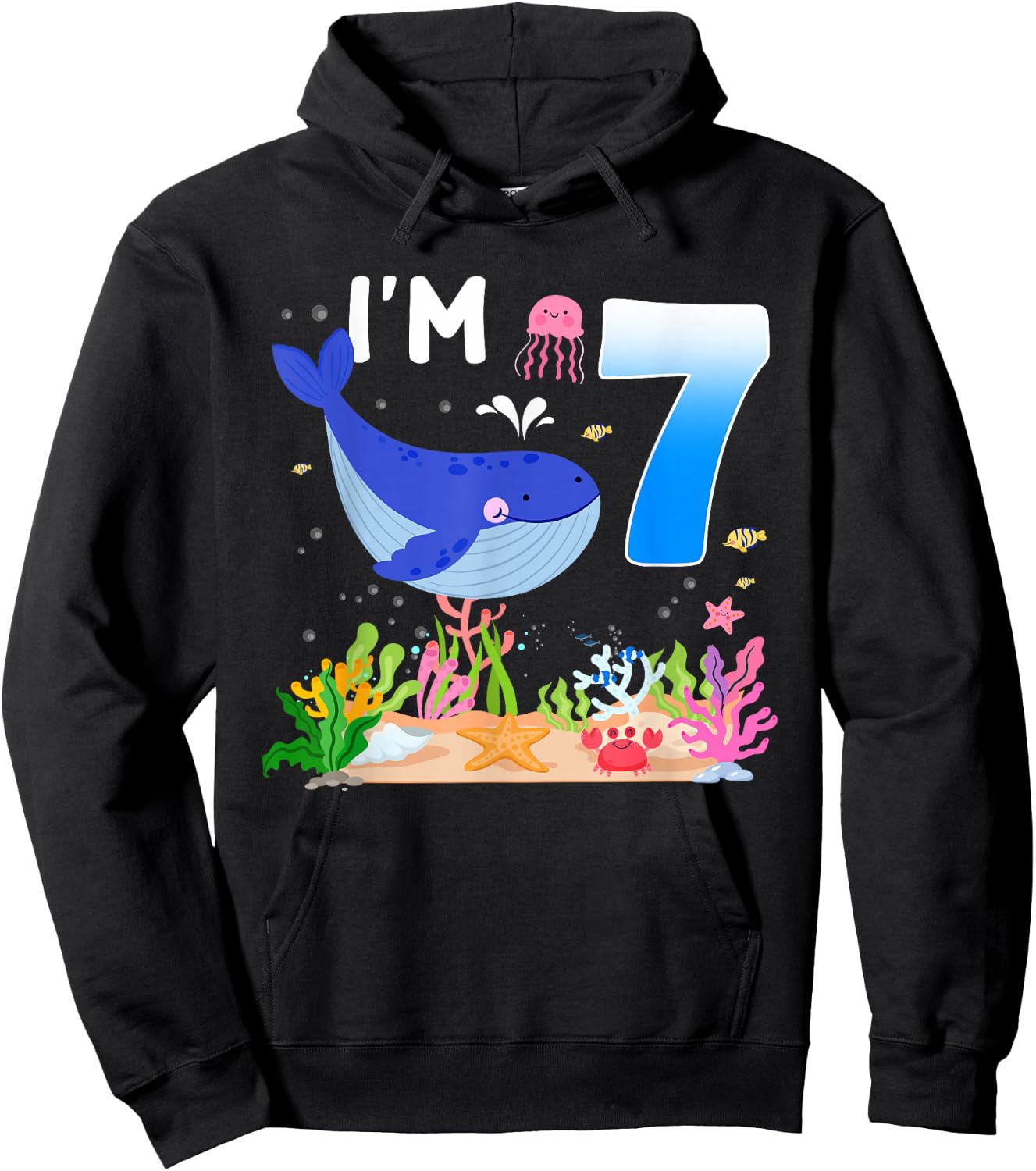 7th Birthday Cute Whale 7 Year Old Boys Girls Birthday Hoodie - Hoodie | Black