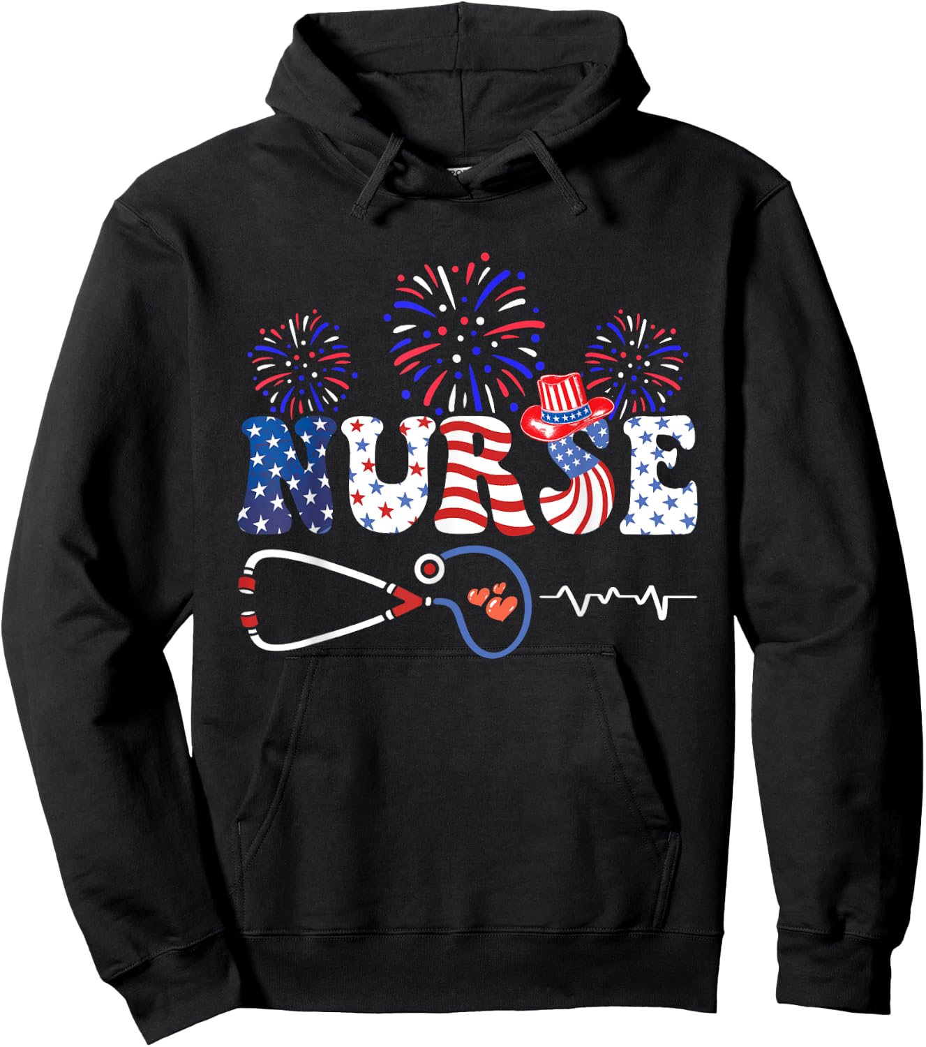 USA American Flag Patriotic Nurse Stethoscope 4th of July Hoodie - Hoodie | Black