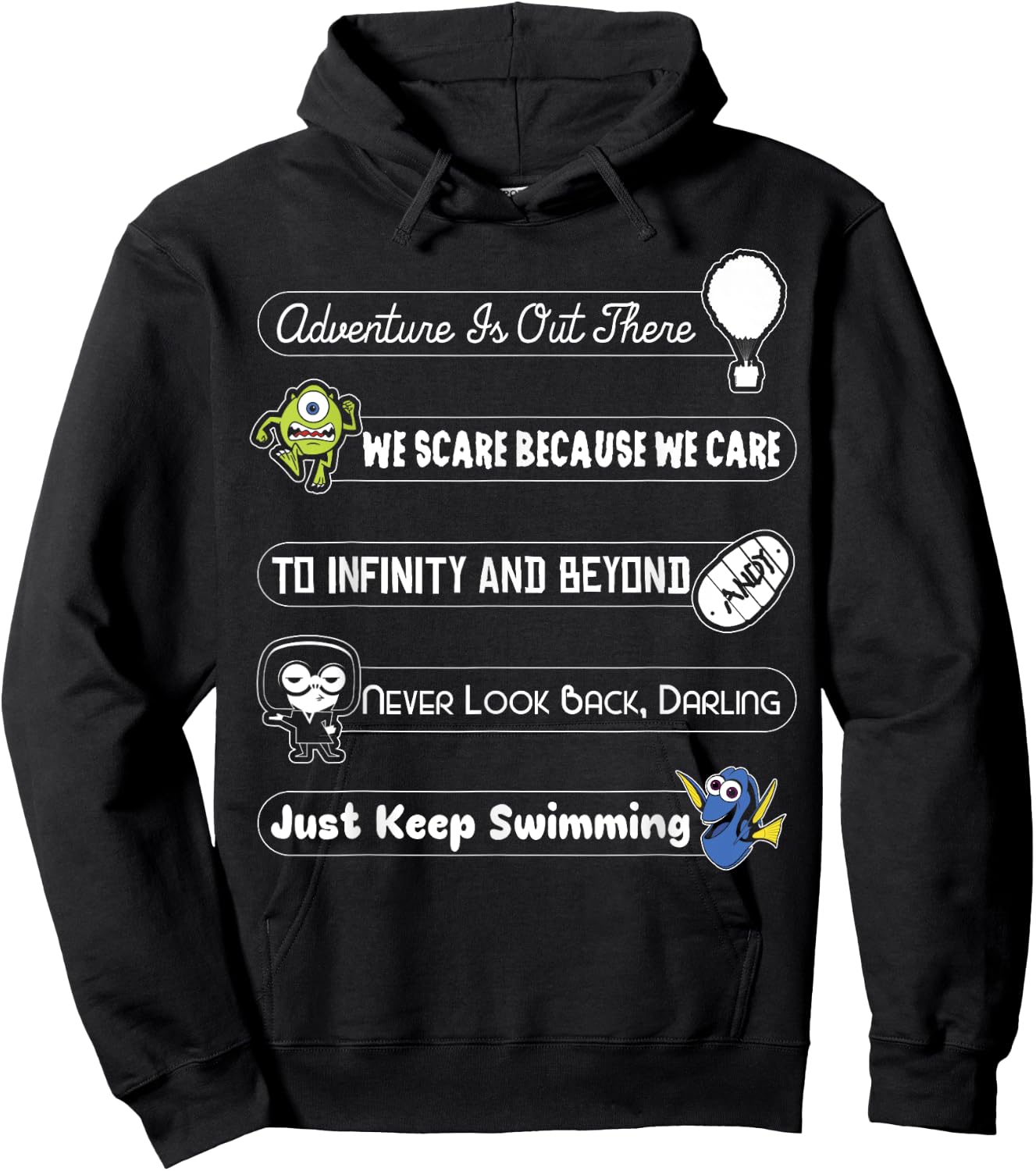 Disney Pixar Collection Iconic Character Slogan Text Stack Hoodie - Hoodie | Black