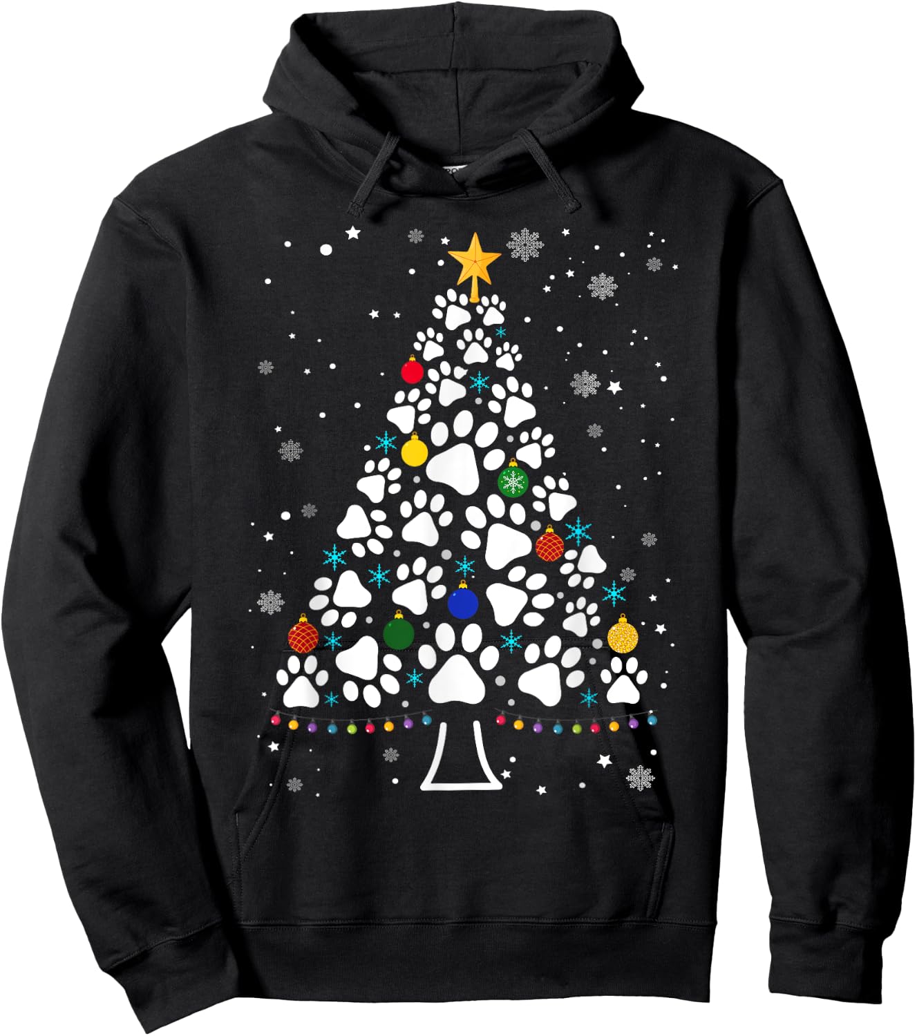 Paw Print Christmas Tree Lights Matching Family Xmas Hoodie - Hoodie | Black