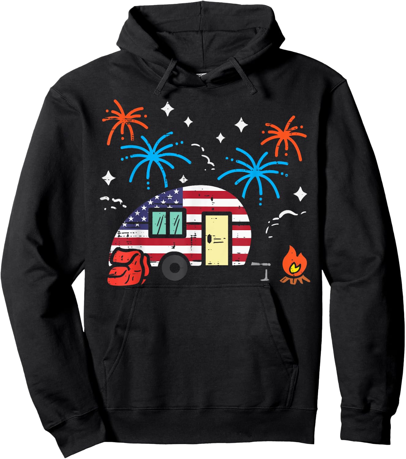 Camping Trailer US Flag Patriotic RV Camper Men Women Kids Hoodie - Hoodie | Black