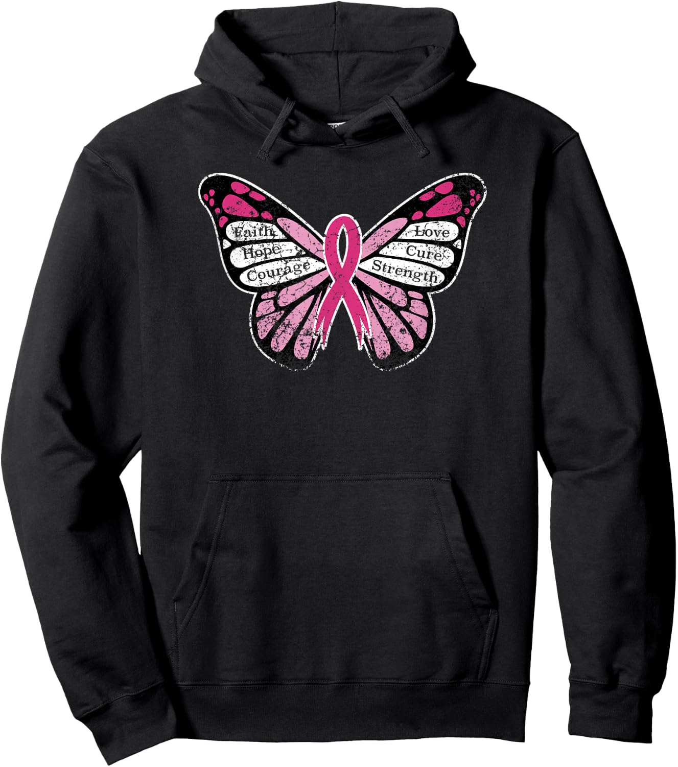 Vintage Breast Cancer Awareness Pink Ribbon Butterfly Hoodie - Hoodie | Black
