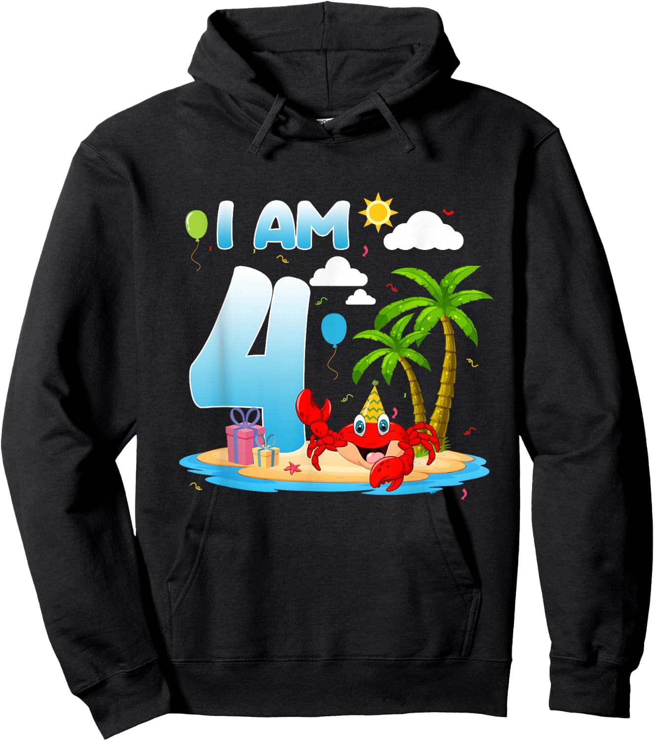 4th Birthday Crab Summer Beach 4 Year Old Bday Party Kids Hoodie - Hoodie | Black
