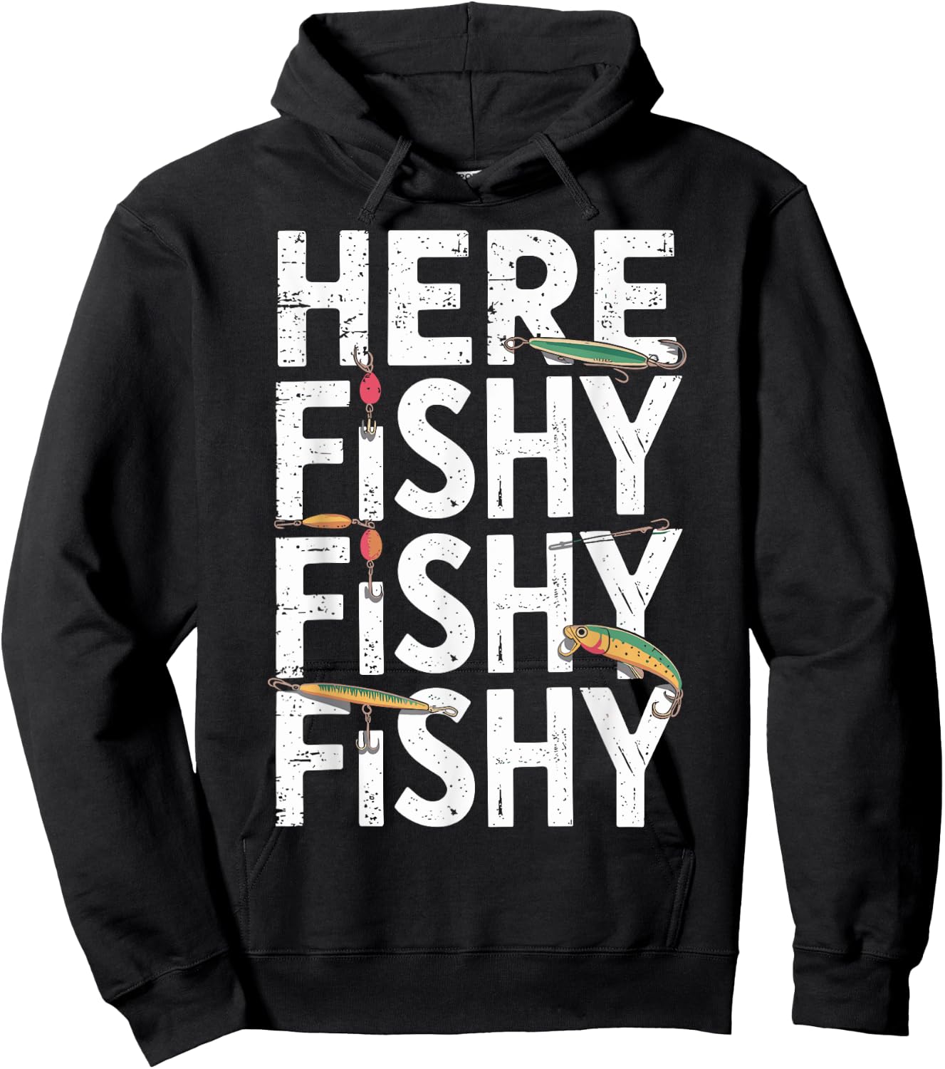Funny Fishing Design for Enthusiastic Anglers Here Fishy Hoodie - Hoodie | Black
