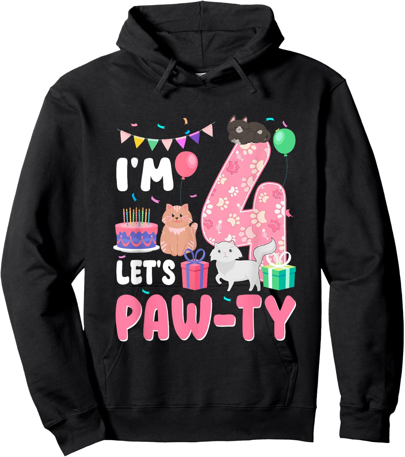 I'm 4 Let's Paw-Ty 4th Birthday Cats Lover 4 Year Old Hoodie - Hoodie | Black