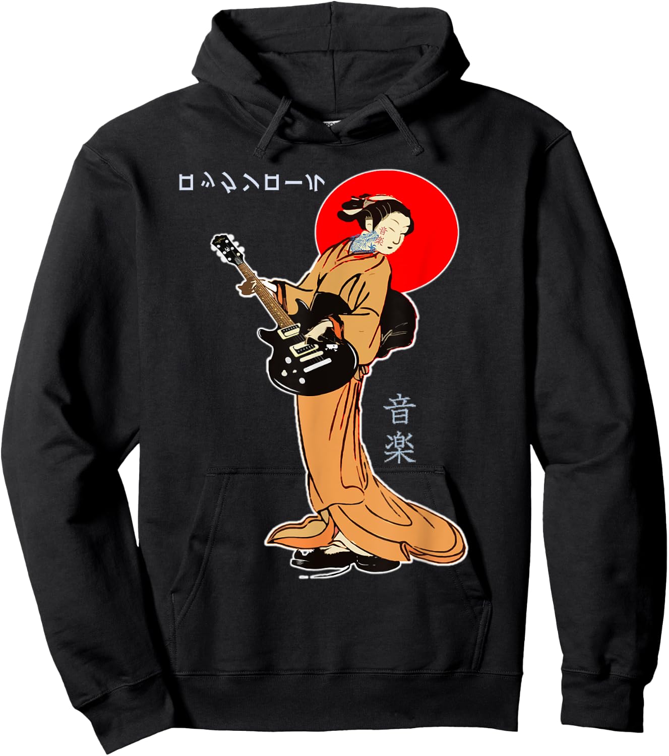 Rock And Roll Guitar Lady Japan Kimono Geisha Asian Japanese Hoodie - Hoodie | Black