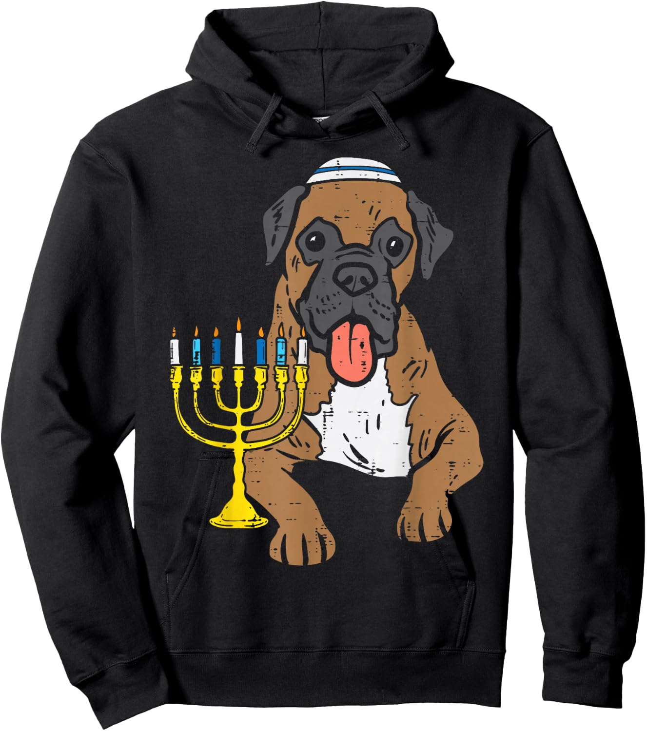 Jewish Boxer Dog Menorah Hanukkah Pajamas Chanukah PJs Hoodie - Hoodie | Black