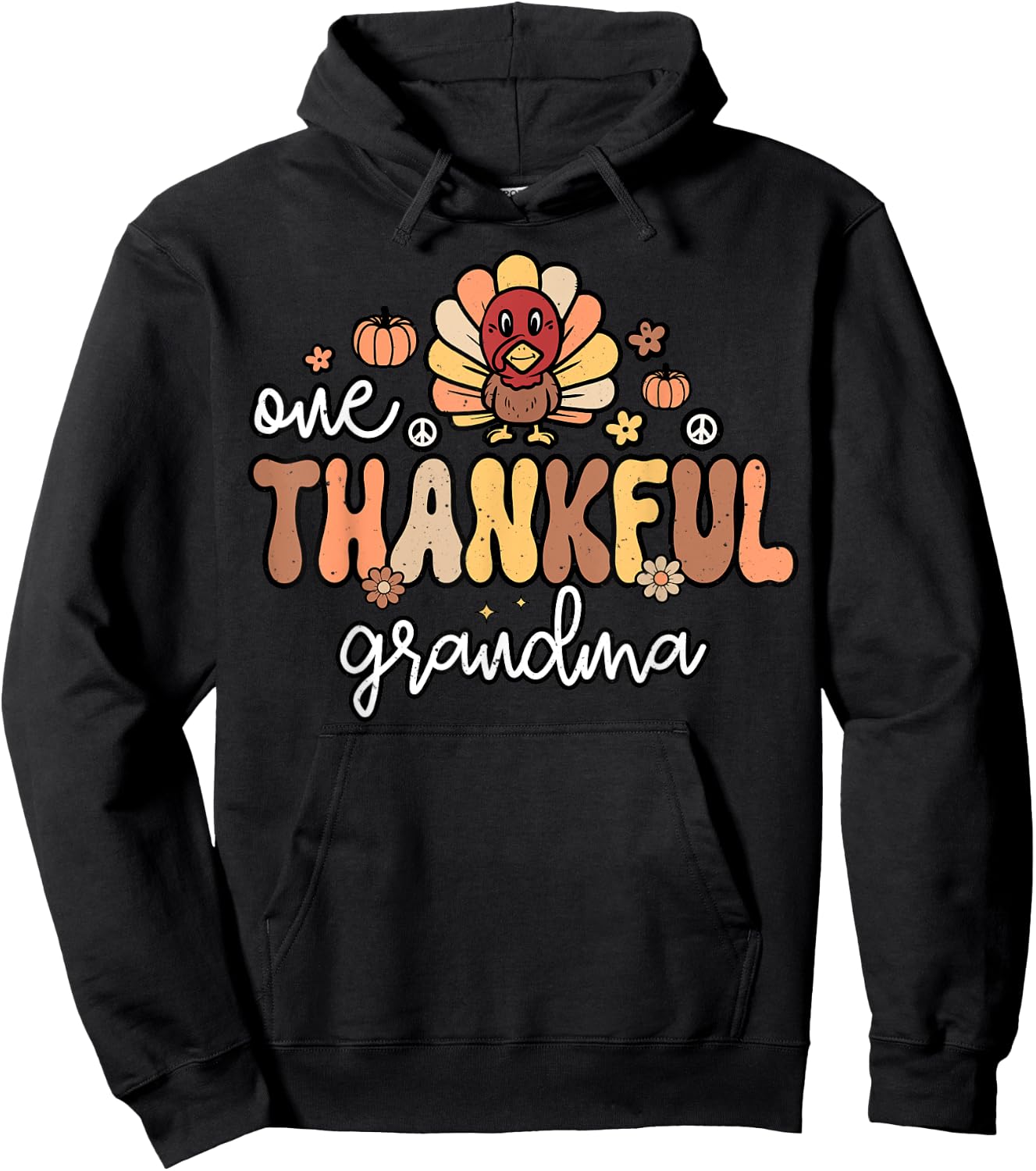 One Thankful Grandma Women Groovy Retro Thanksgiving Grandma Hoodie - Hoodie | Black