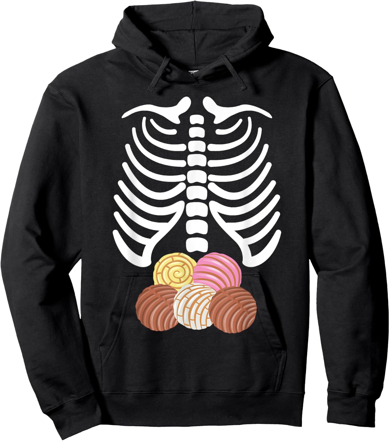 Skeleton Rib Cage with Mexican Pan Dulce Concha Hoodie - Hoodie | Black