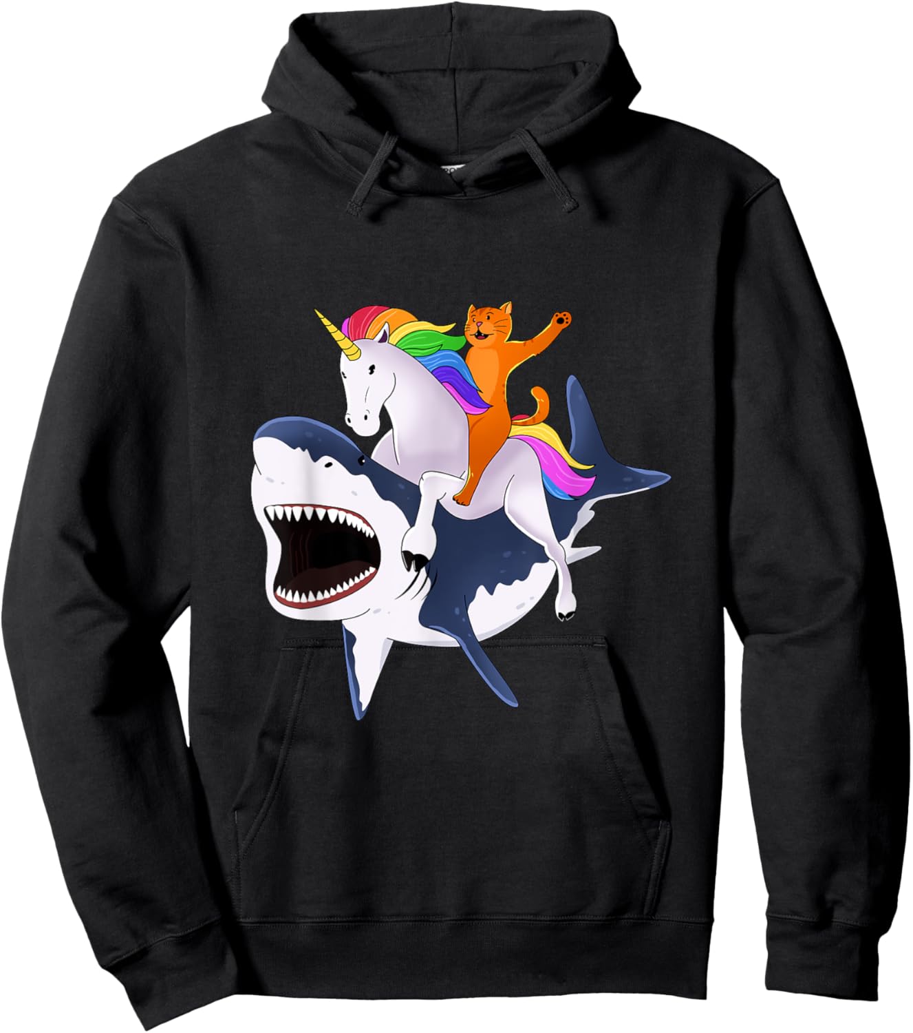 Cat Riding Unicorn Riding Shark Gift Women Girls Kids Hoodie - Hoodie | Black