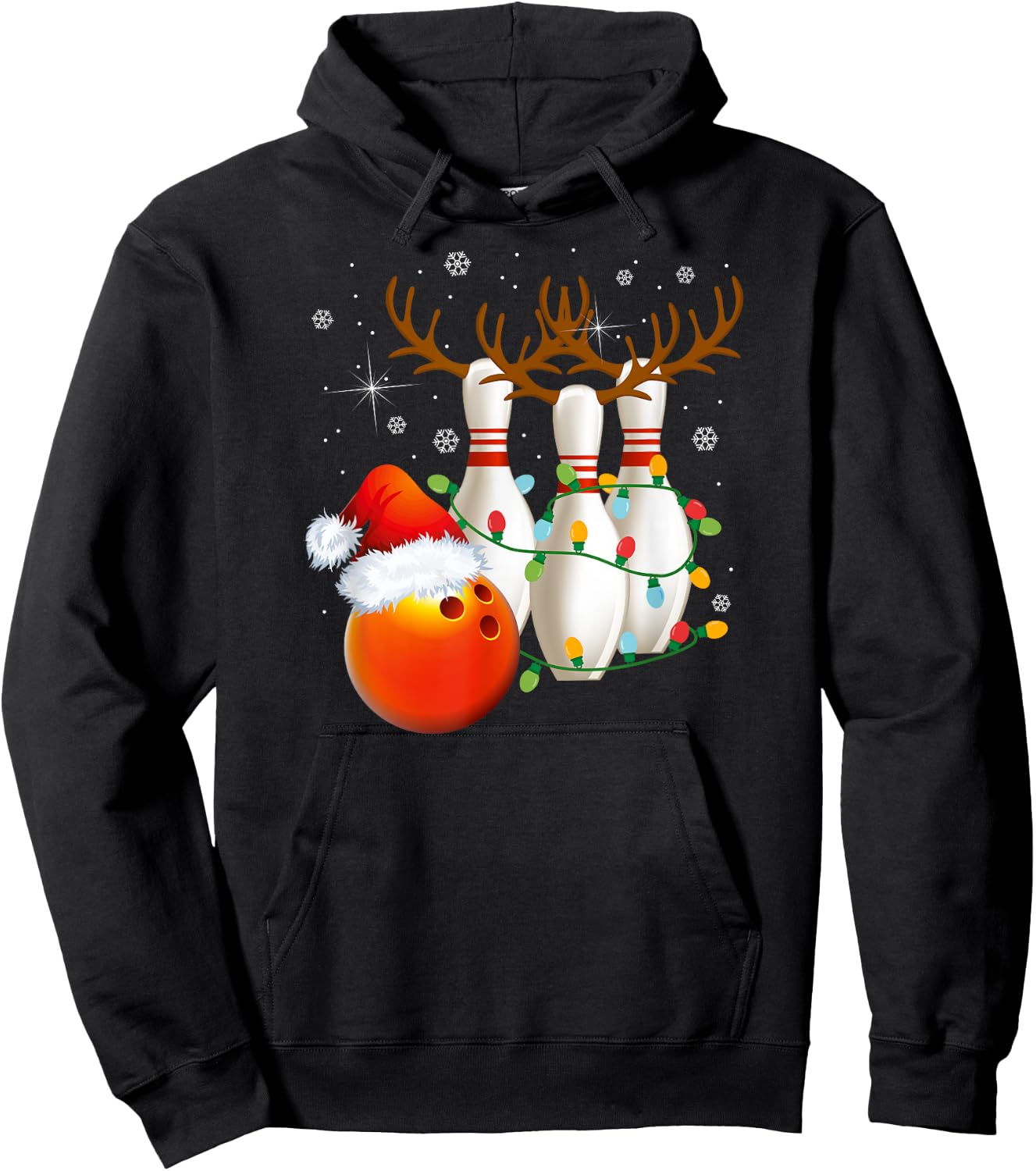 Bowling Gifts Christmas Bowling Santa Hat Christmas Lights Hoodie - Hoodie | Black