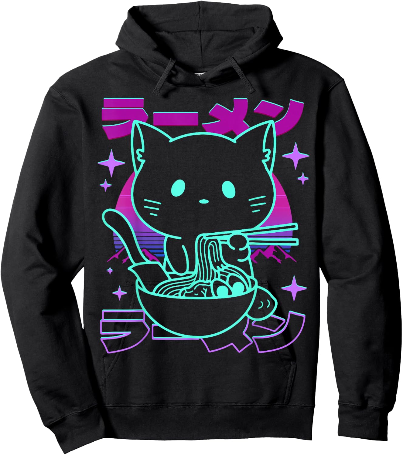 Anime Ramen Cat Retro Japanese Noodles Aesthetic Kawaii Cat , black Hoodie - Hoodie | Black