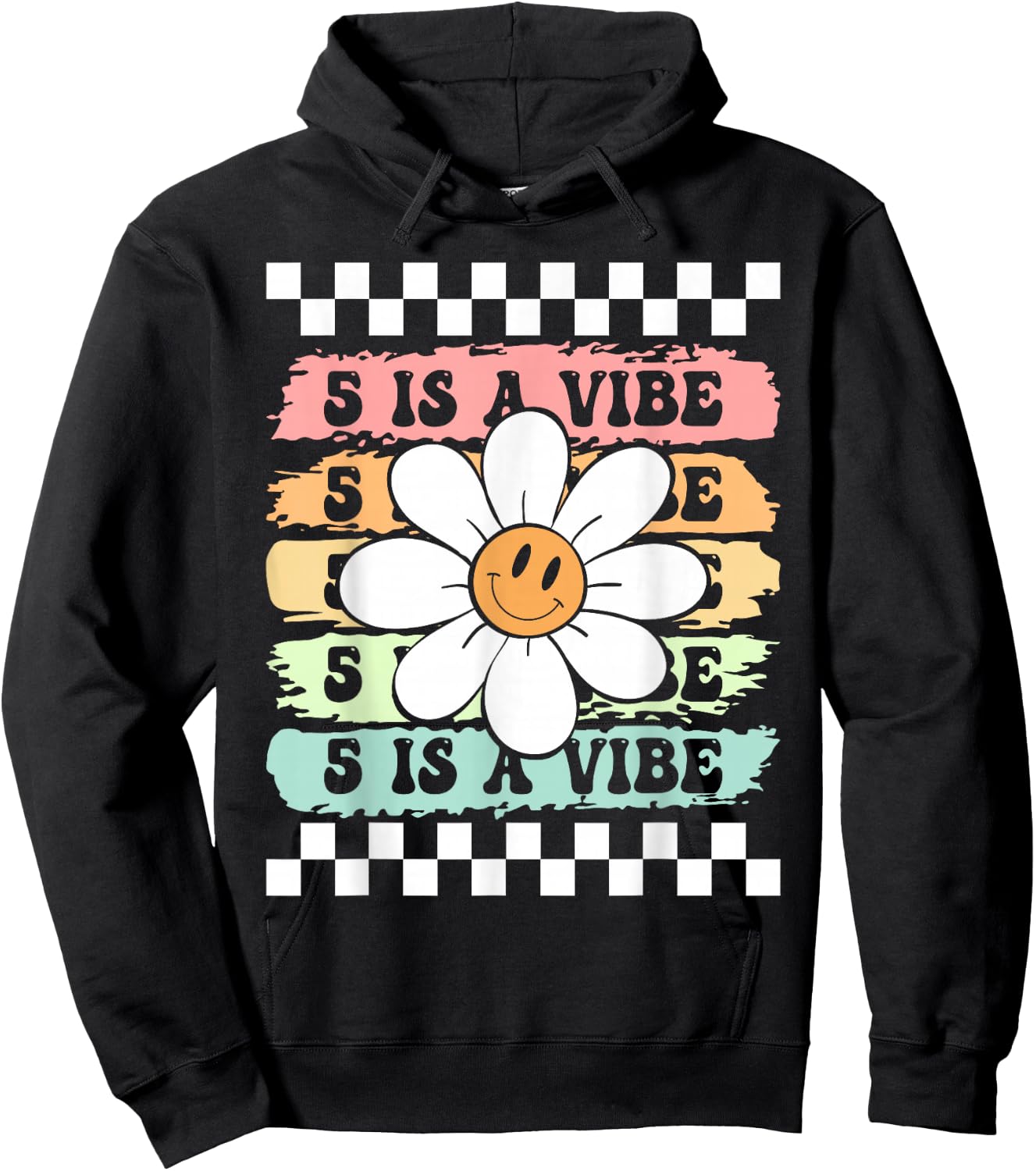 Five Is A Vibe Cute Groovy 5th Birthday Party Daisy Flower Hoodie - Hoodie | Black