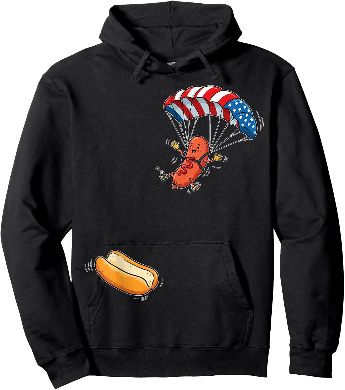 Funny Hot Dog Jumping Into Bun Sausage BBQ Skydiving USA Hoodie - Hoodie | Black